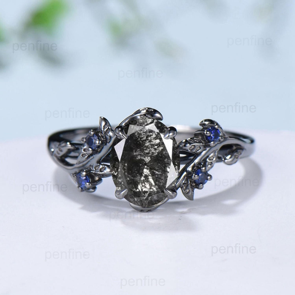Nature Inspired salt and pepper diamond engagement ring Unique 14K black gold twig engagement ring cluster sapphire wedding ring for women