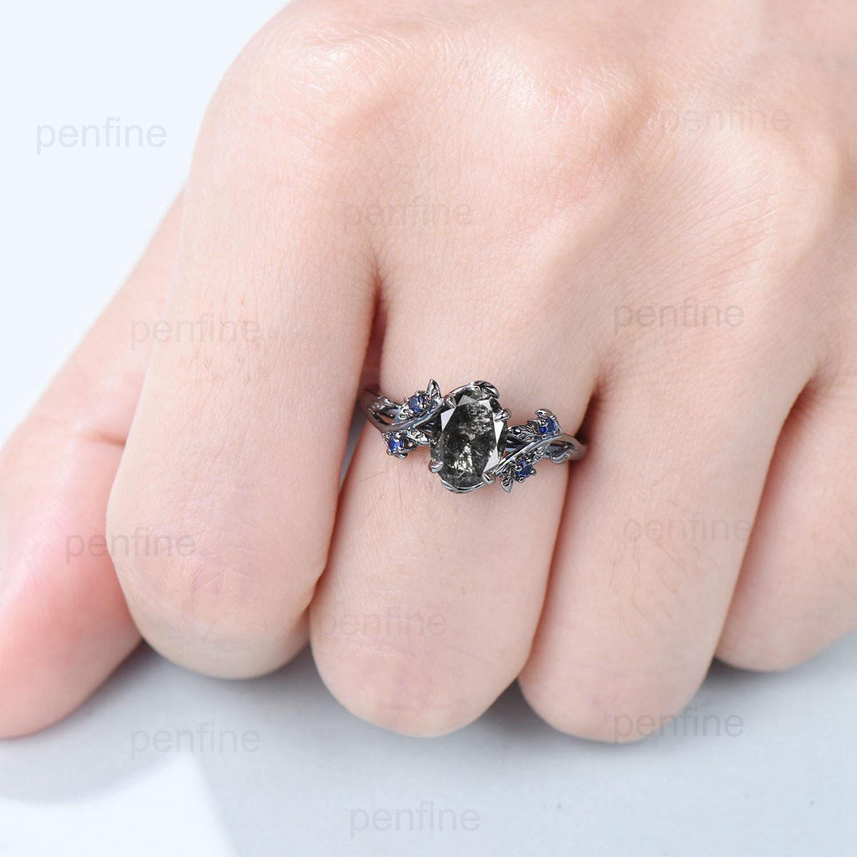 Nature Inspired salt and pepper diamond engagement ring Unique 14K black gold twig engagement ring cluster sapphire wedding ring for women