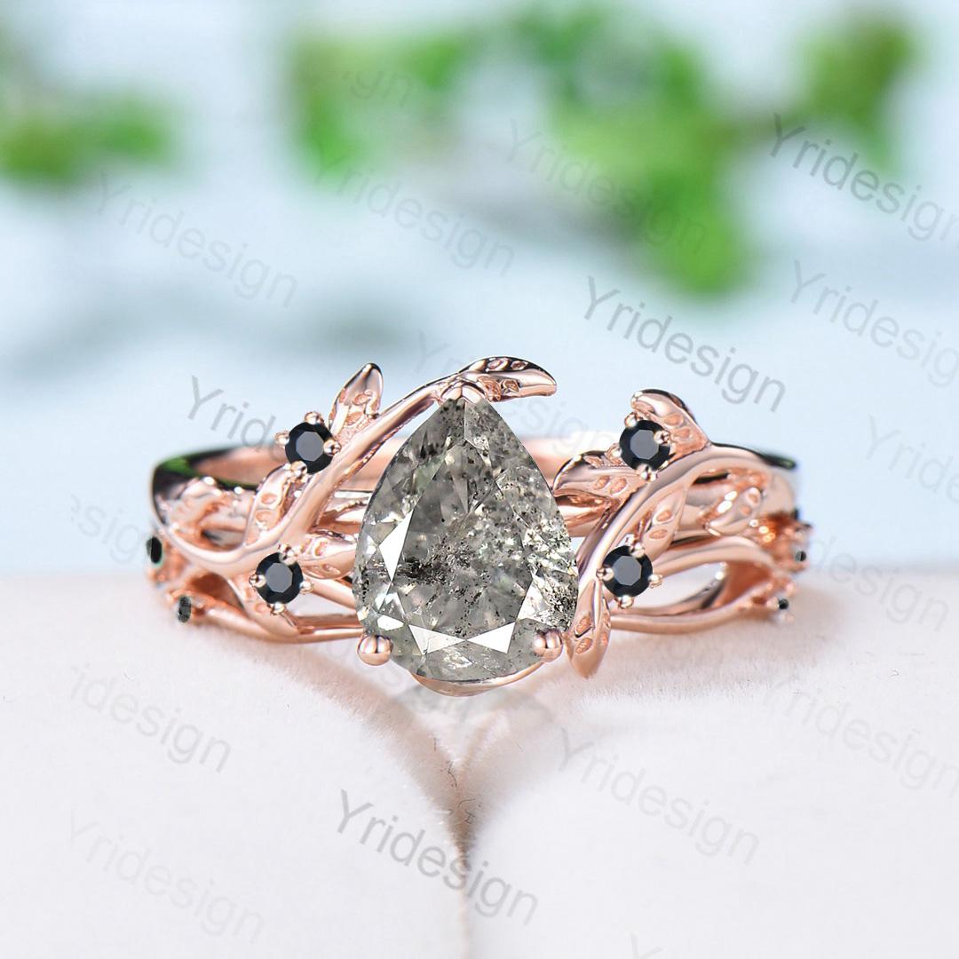 Nature inspired salt pepper diamond engagement ring vintage pear shaped twig vine pepper diamond bridal set unique leaf vine ring for women