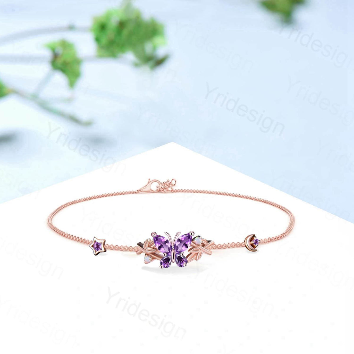 Elegant Butterfly Bracelet Nature Inspired Leaf Vine Lobster Claw Opal Bracelet Silver Gold Moon Star Bracelet Art Deco Anniversary Gift