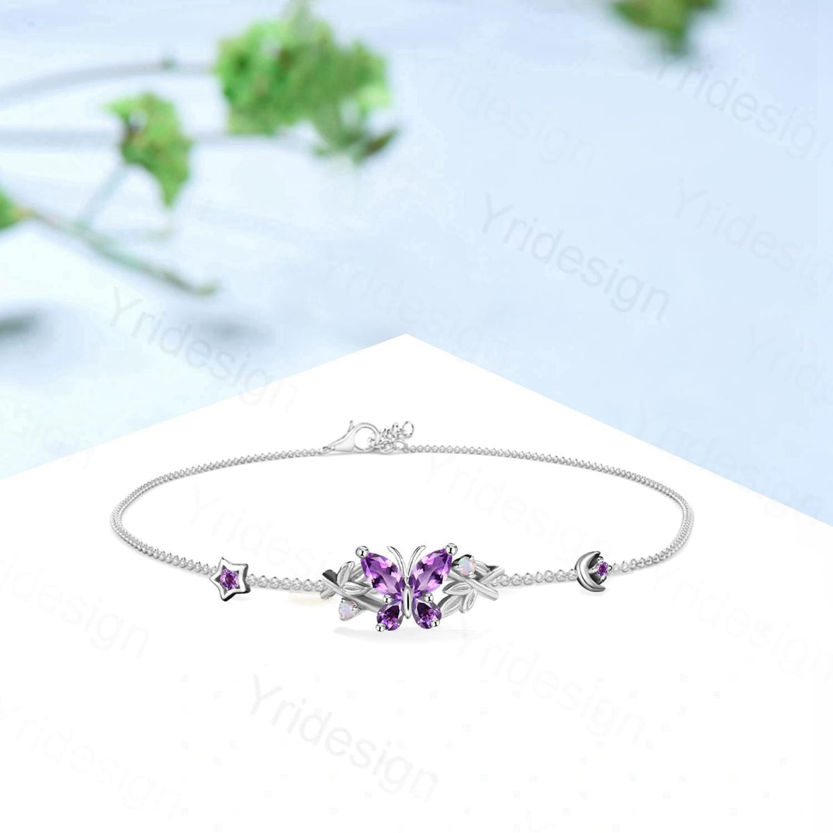 Elegant Butterfly Bracelet Nature Inspired Leaf Vine Lobster Claw Opal Bracelet Silver Gold Moon Star Bracelet Art Deco Anniversary Gift