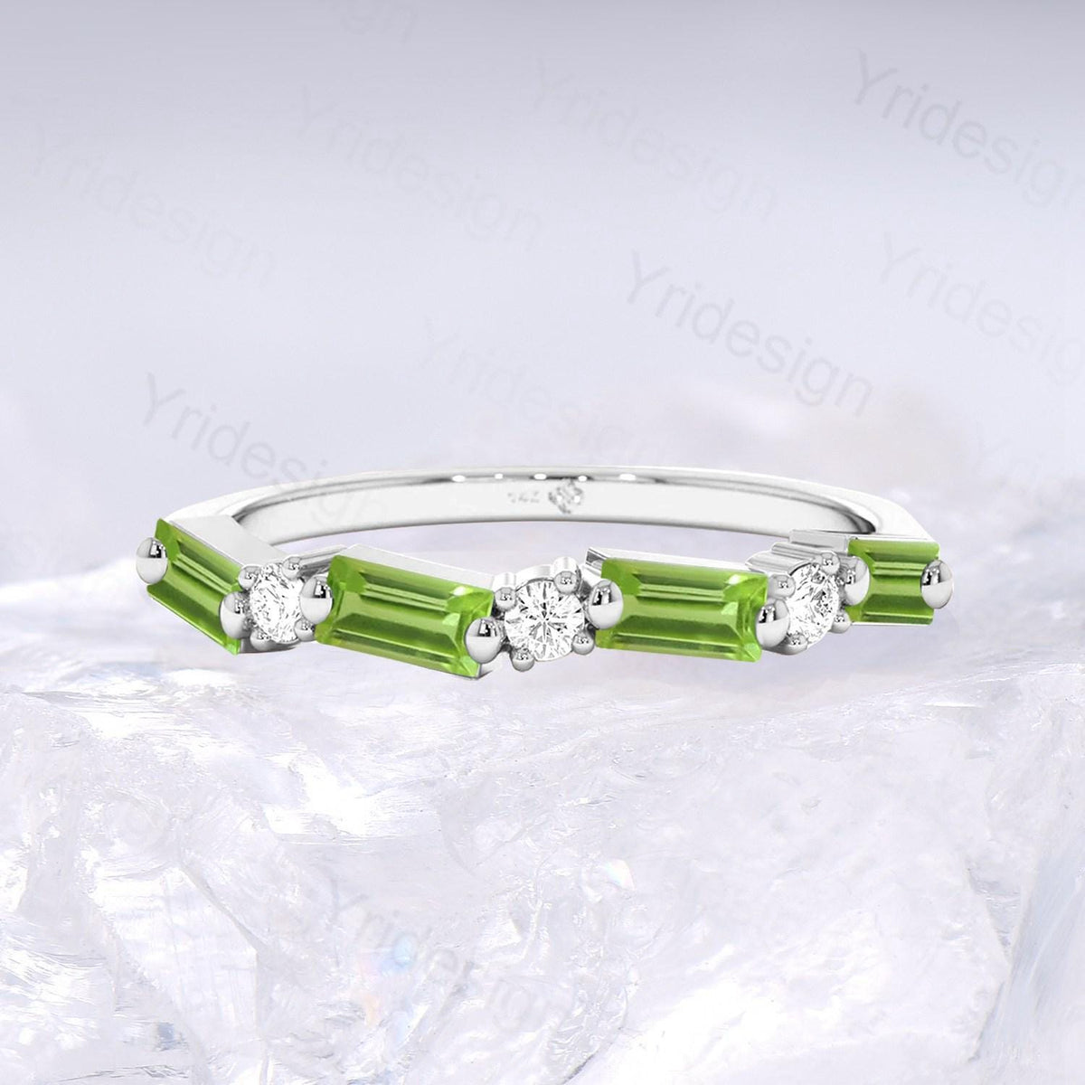 Vintage Peridot Eternity Wedding Band Women Unique Baguette August Birthstone Stackable Ring Delicate Matching Band Anniversary Gift for Mom