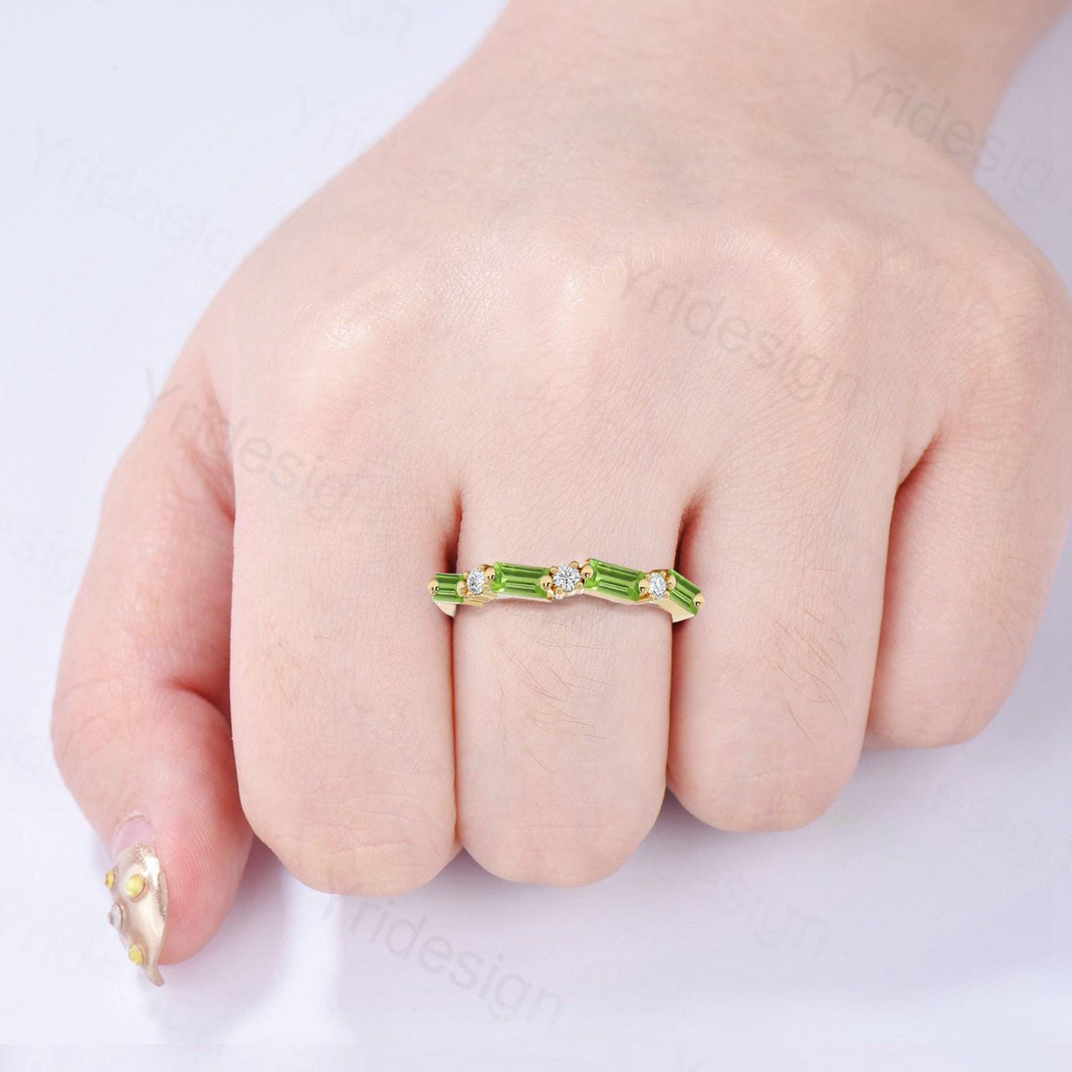 Vintage Peridot Eternity Wedding Band Women Unique Baguette August Birthstone Stackable Ring Delicate Matching Band Anniversary Gift for Mom