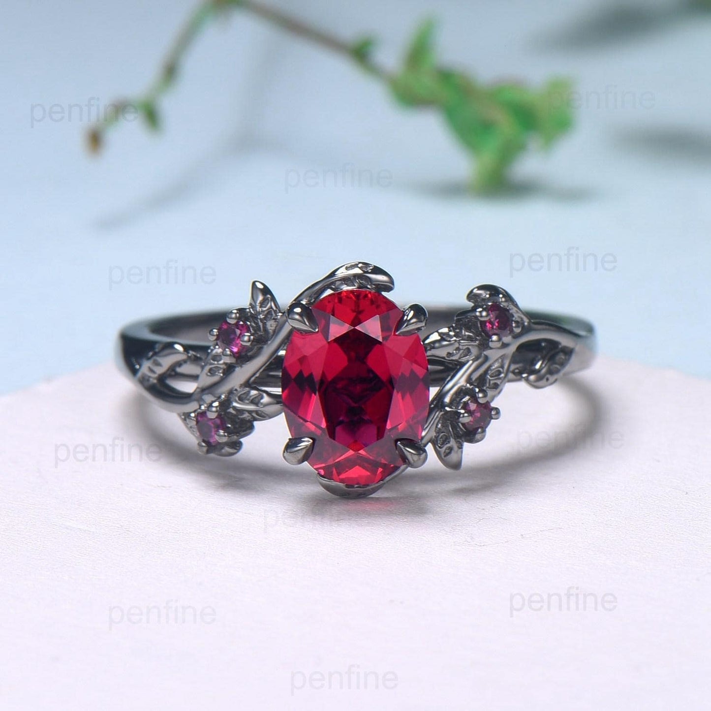 Elegant Black Gold Ruby Ring Vintage Lab Ruby Engagement Ring Leaf Cluster Ruby Wedding Women July birthstone Natural inspired  Branch Ring