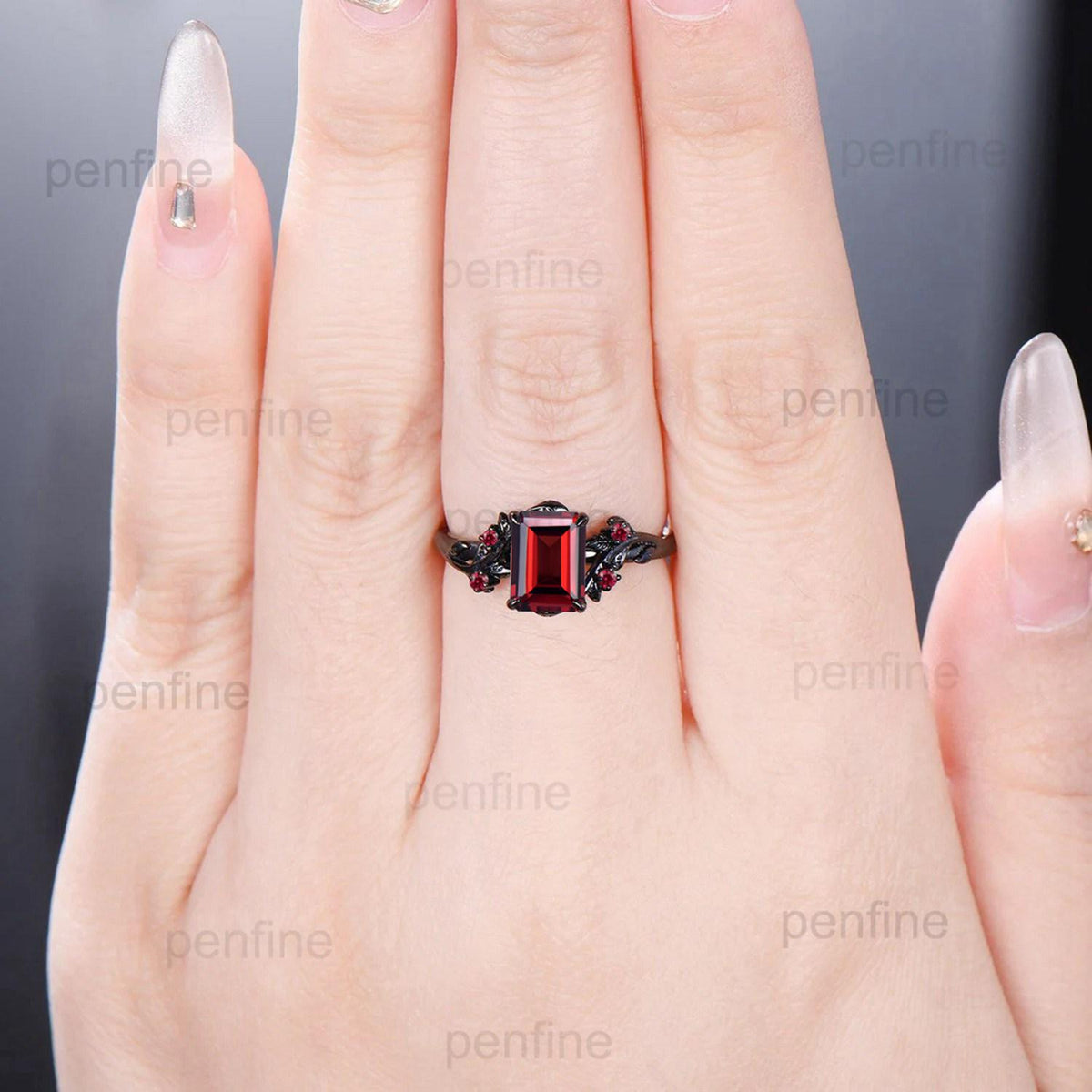 Elegant Black Gold Ruby Ring Vintage Lab Ruby Engagement Ring Leaf Cluster Ruby Wedding Women July birthstone Natural inspired  Branch Ring