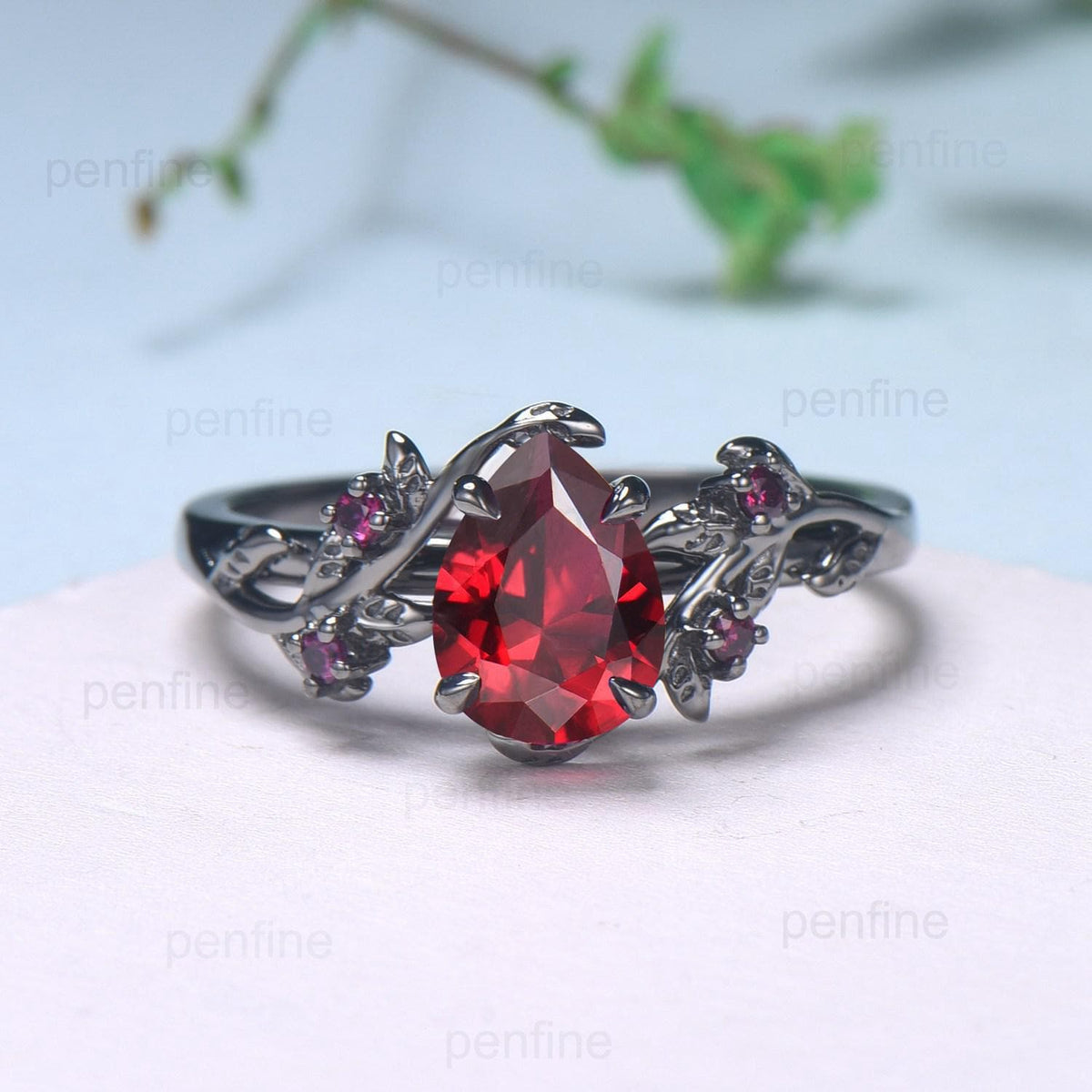 Elegant Black Gold Ruby Ring Vintage Lab Ruby Engagement Ring Leaf Cluster Ruby Wedding Women July birthstone Natural inspired  Branch Ring
