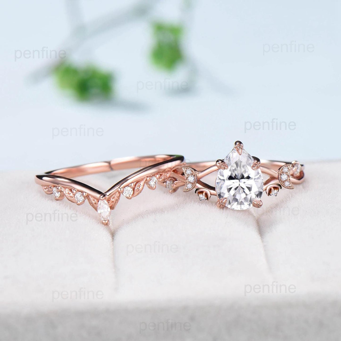 Vinatge pear shaped moissanite wedding ring set moon engagement ring women vintage unique anniversary gift rose gold lab grown diamond ring