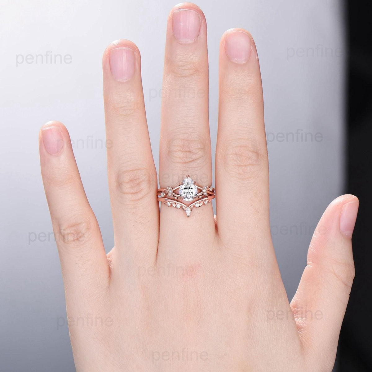 Vinatge pear shaped moissanite wedding ring set moon engagement ring women vintage unique anniversary gift rose gold lab grown diamond ring