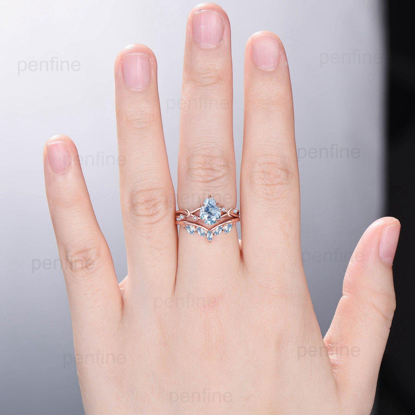 Vintage Pear Shaped Natural Aquamarine Engagement Ring Set Unique 14k Rose Gold Moon Star Wedding Ring Set Marquise Aquamarine Band Women