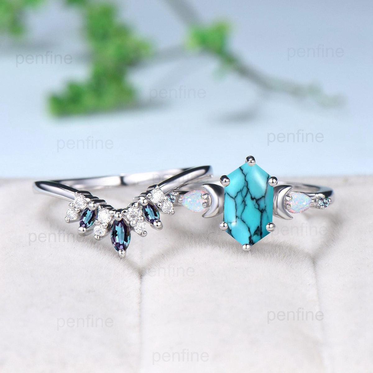 Vintage long hexagon turquoise engagement ring set unique five stone pear White opal art deco alexandrite wedding ring set anniversary gift