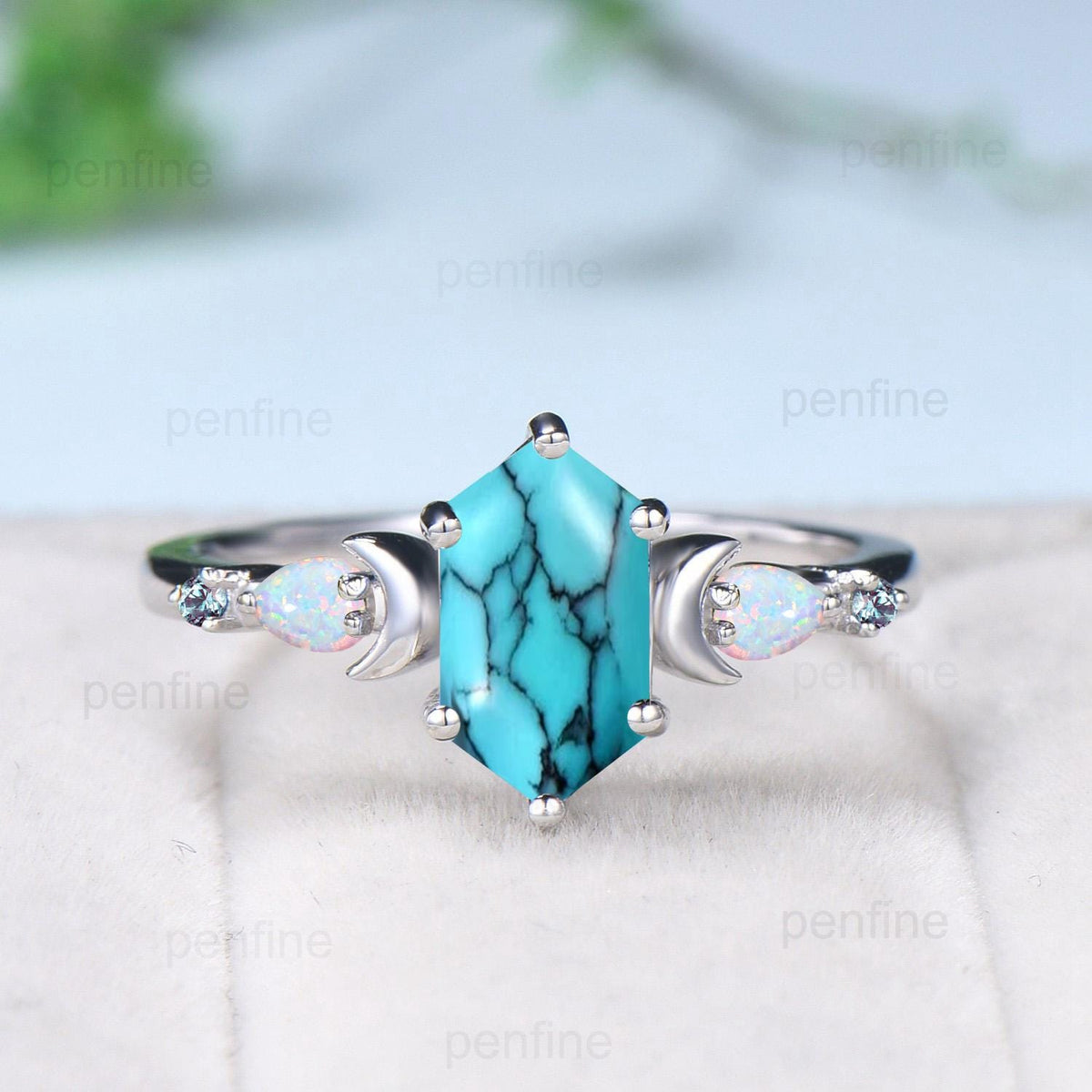 Vintage long hexagon turquoise engagement ring set unique five stone pear White opal art deco alexandrite wedding ring set anniversary gift