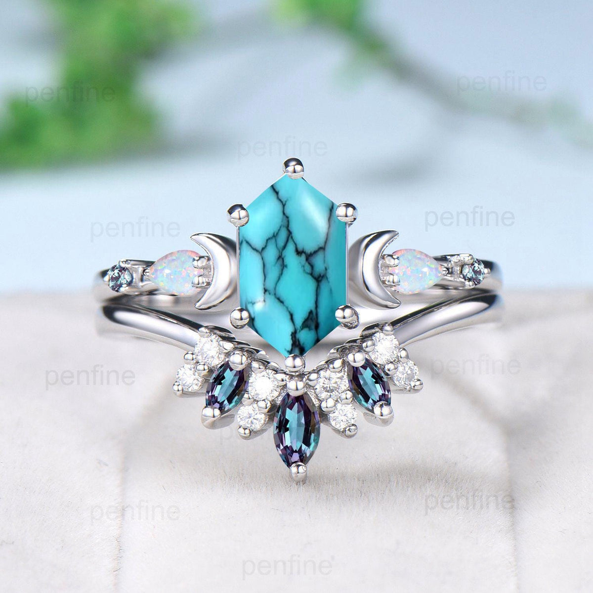 Vintage long hexagon turquoise engagement ring set unique five stone pear White opal art deco alexandrite wedding ring set anniversary gift