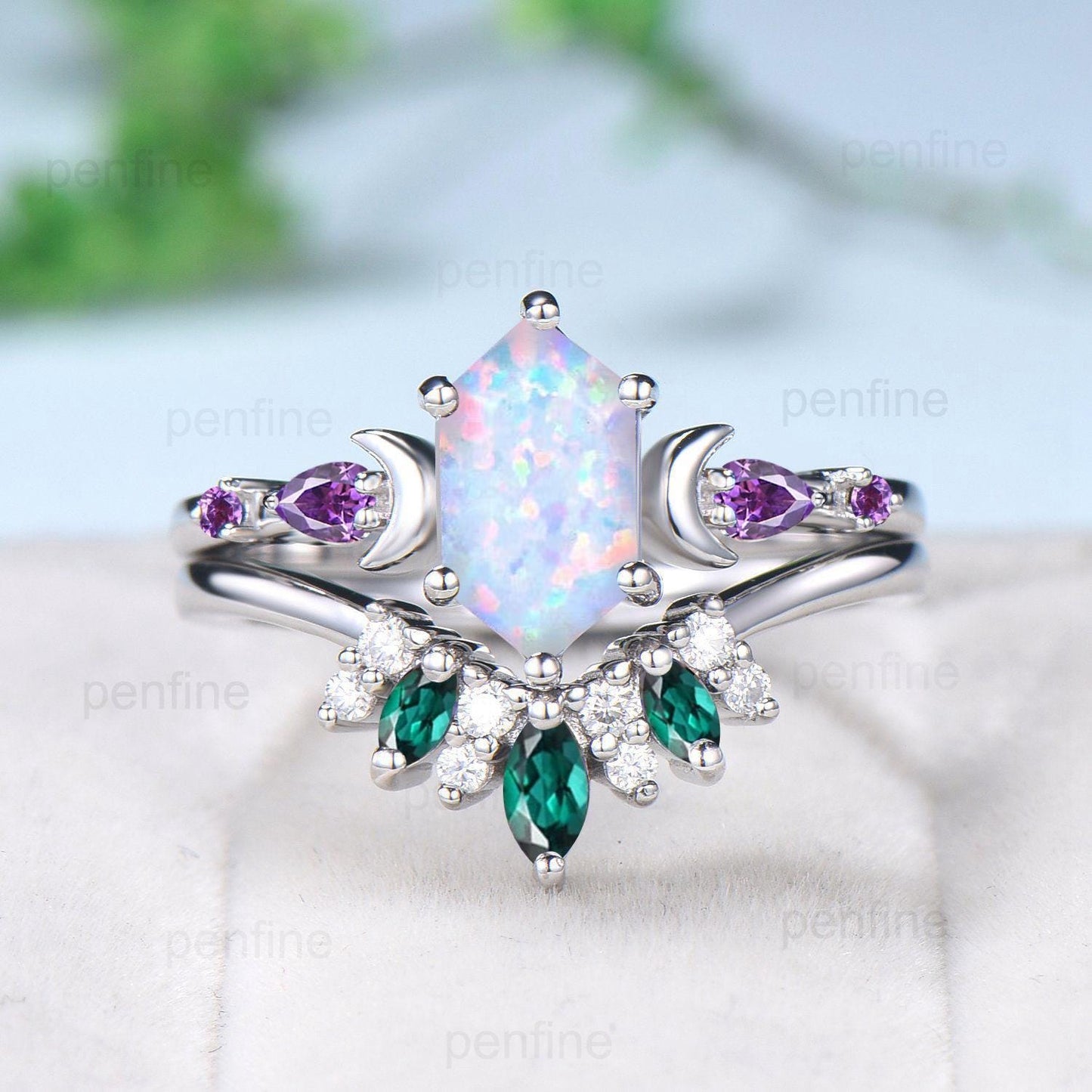 Vintage long hexagon opal engagement ring set rose gold five stone opal amethyst wedding ring set Art Deco curved v emerald band bridal set