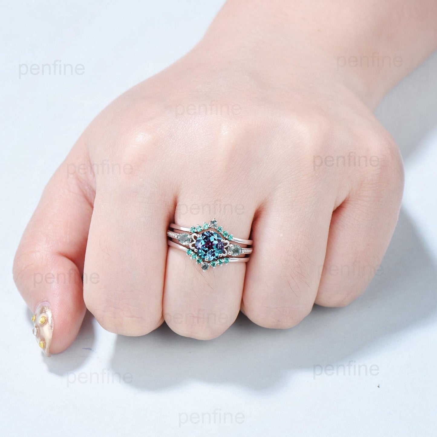 Three Stone Alexandrite Engagement Ring Set Accent Pear Moss Agate Green Crystal Wedding Set Milgrain Elegant White Gold Bridal Set acWomen