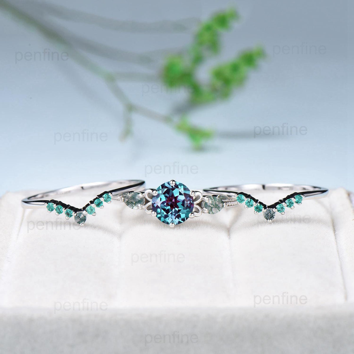 Three Stone Alexandrite Engagement Ring Set Accent Pear Moss Agate Green Crystal Wedding Set Milgrain Elegant White Gold Bridal Set acWomen