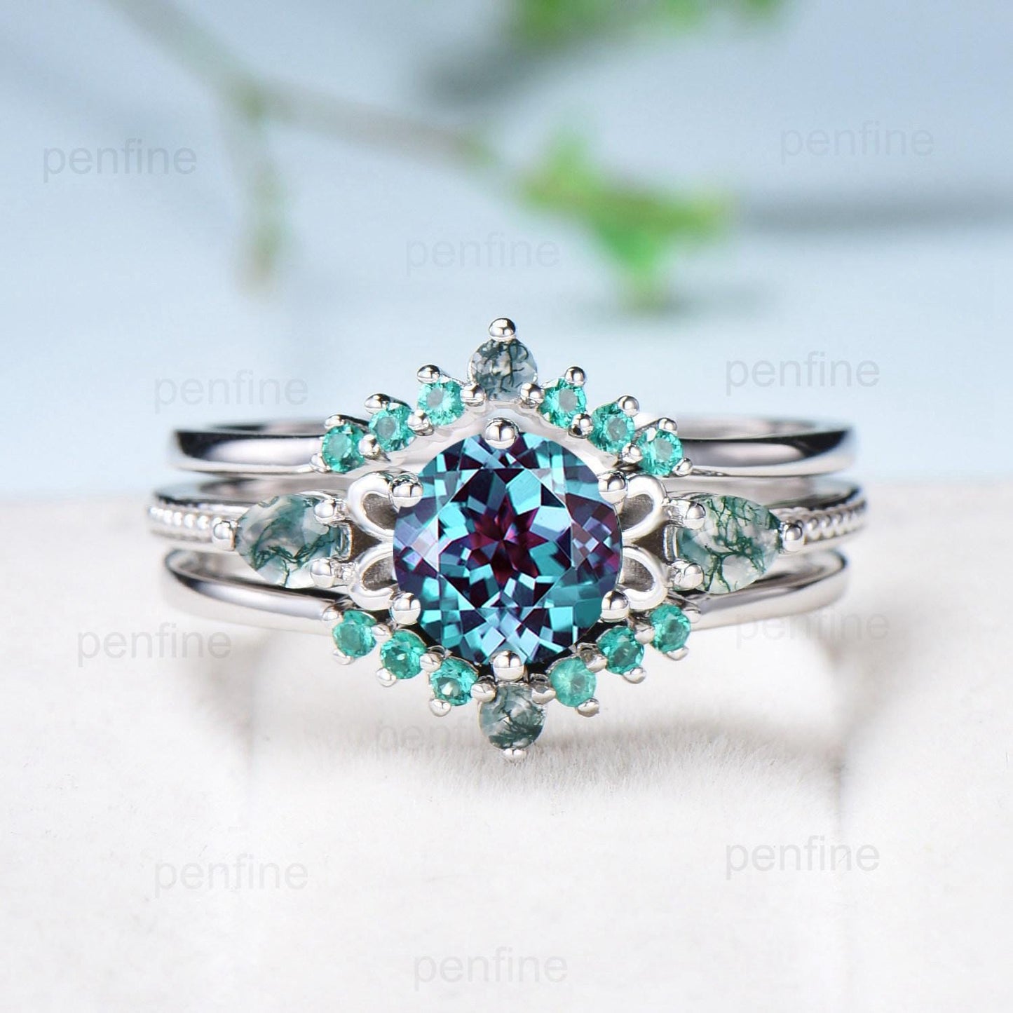 Three Stone Alexandrite Engagement Ring Set Accent Pear Moss Agate Green Crystal Wedding Set Milgrain Elegant White Gold Bridal Set acWomen