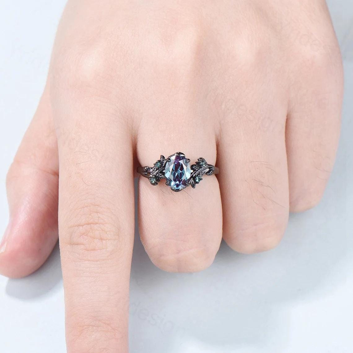 Couples ring set 14k black gold alexandrite wedding rings set twig ring men and women His Hers engagement ring nature inspired Promise gift