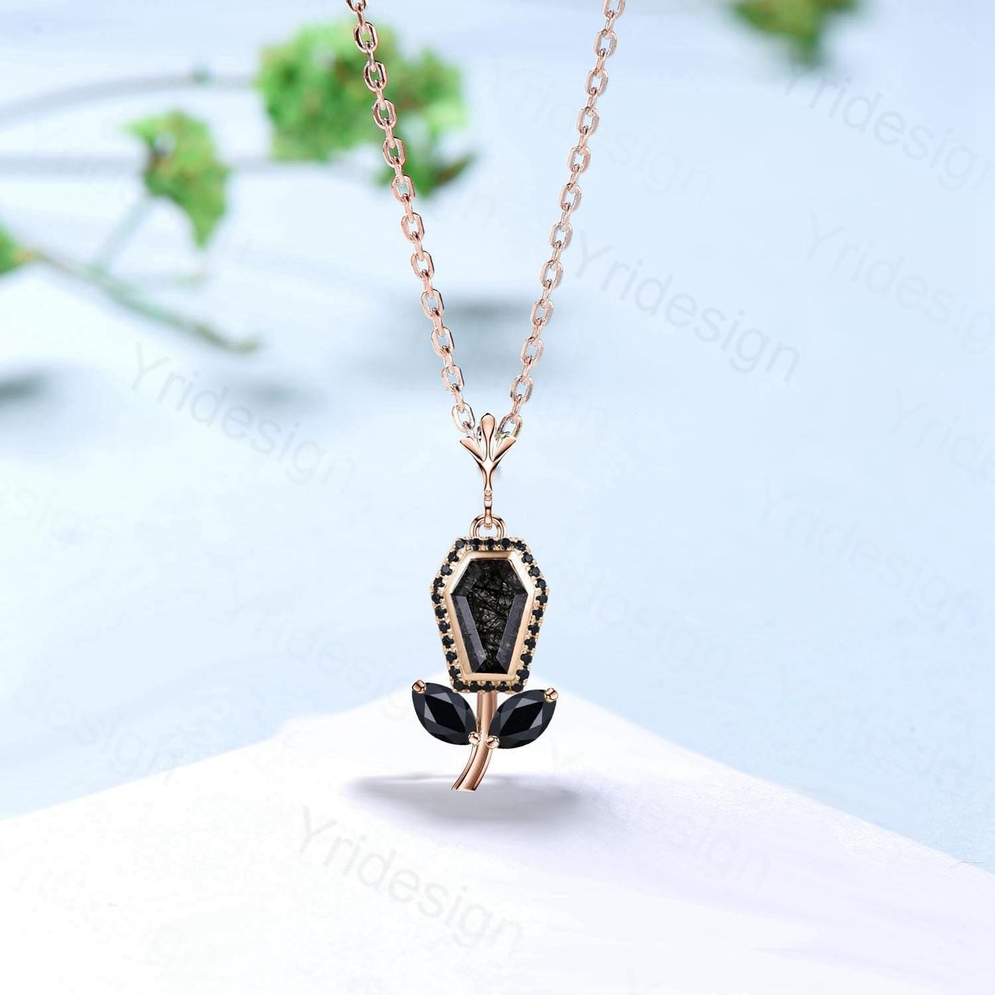 Vintage Coffin black rutilated quartz pendant necklace solid 14k 18k rose gold halo black spinel Personalized anniversary Halloween Jewelry