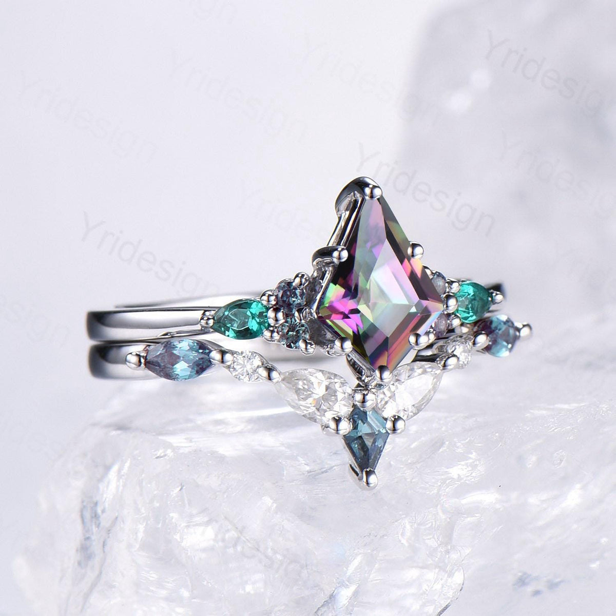 Vintage Rainbow mystic topaz engagement ring set kite cut art deco pear emerald alexandrite wedding ring set for women Art deco bridal set