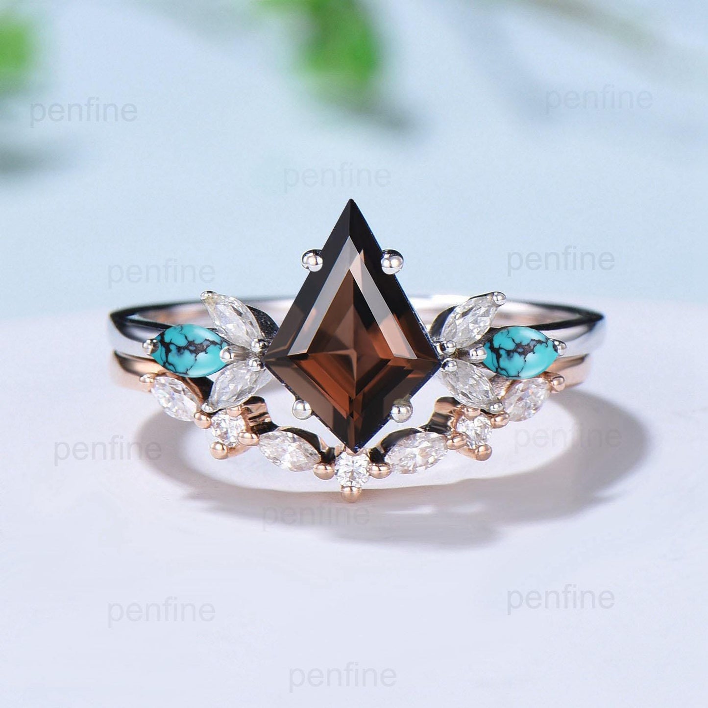 Vintage Kite cut smoky quartz engagement ring set art deco marquise turquoise bridal wedding ring set women anniversary promise ring gift