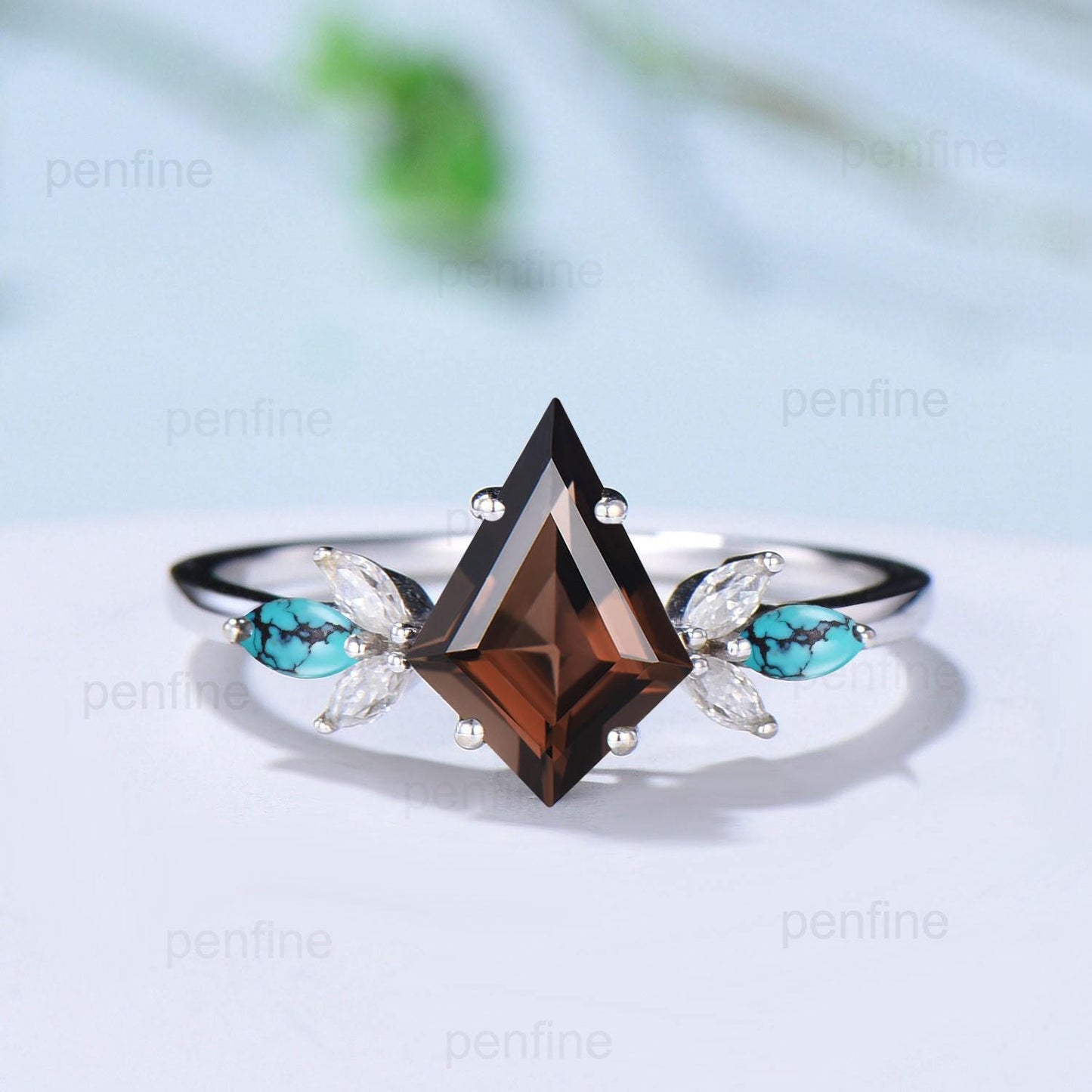 Vintage Kite cut smoky quartz engagement ring set art deco marquise turquoise bridal wedding ring set women anniversary promise ring gift