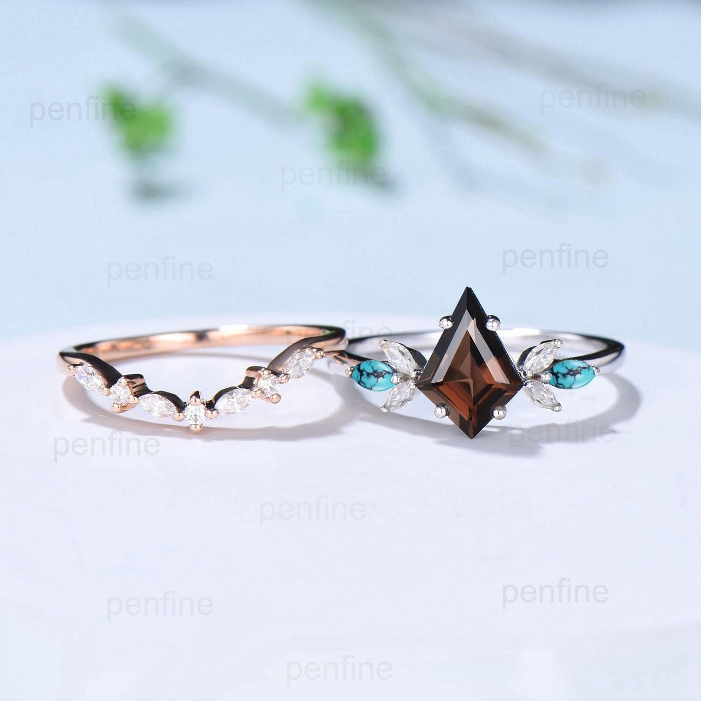 Vintage Kite cut smoky quartz engagement ring set art deco marquise turquoise bridal wedding ring set women anniversary promise ring gift