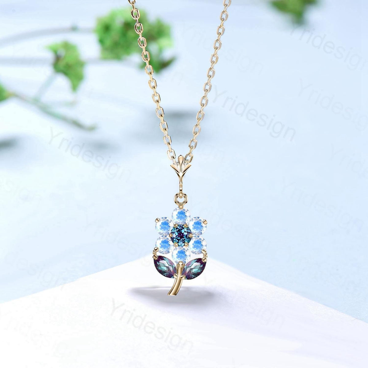 Unique Marquise Cut Alexandrite Pendant Necklace Art Deco Sunflower Halo Rainbow Blue Moonstone Necklace June Birthstone Anniversary gift
