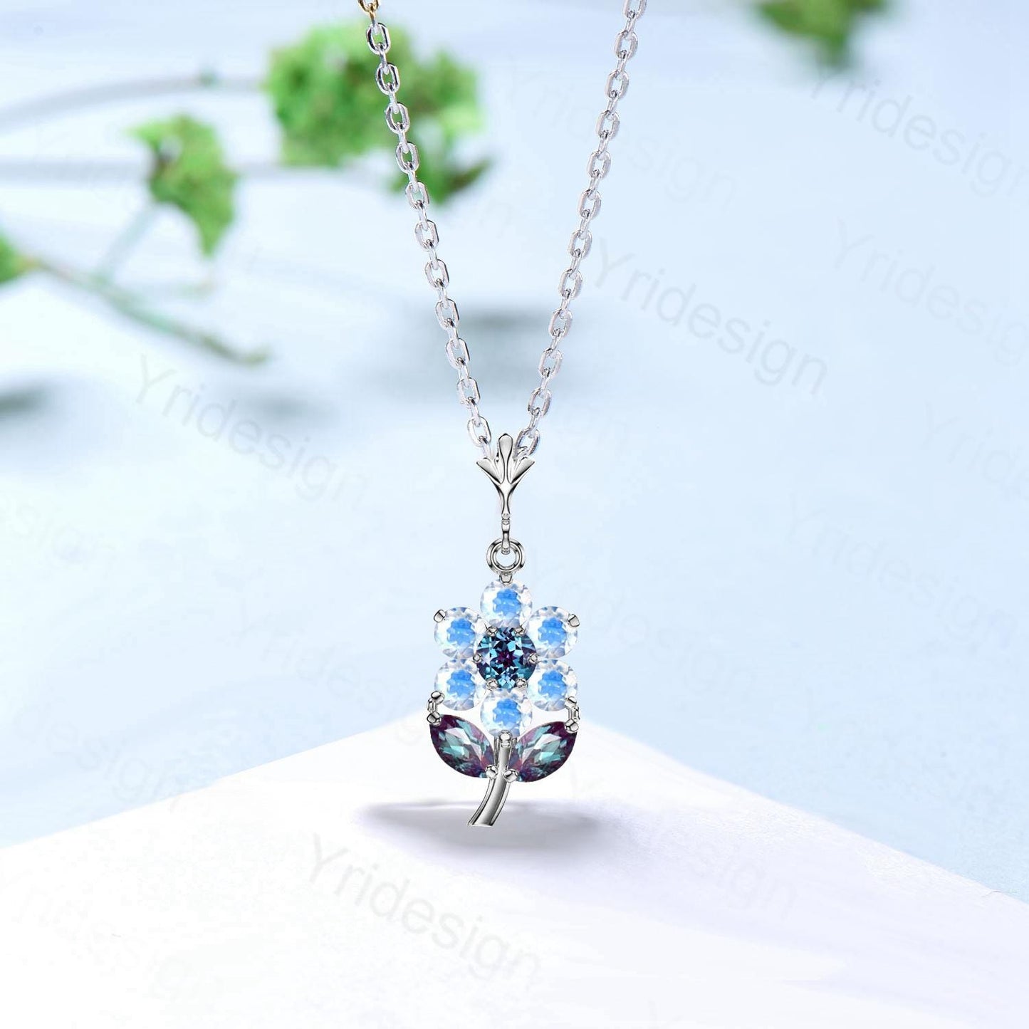 Unique Marquise Cut Alexandrite Pendant Necklace Art Deco Sunflower Halo Rainbow Blue Moonstone Necklace June Birthstone Anniversary gift