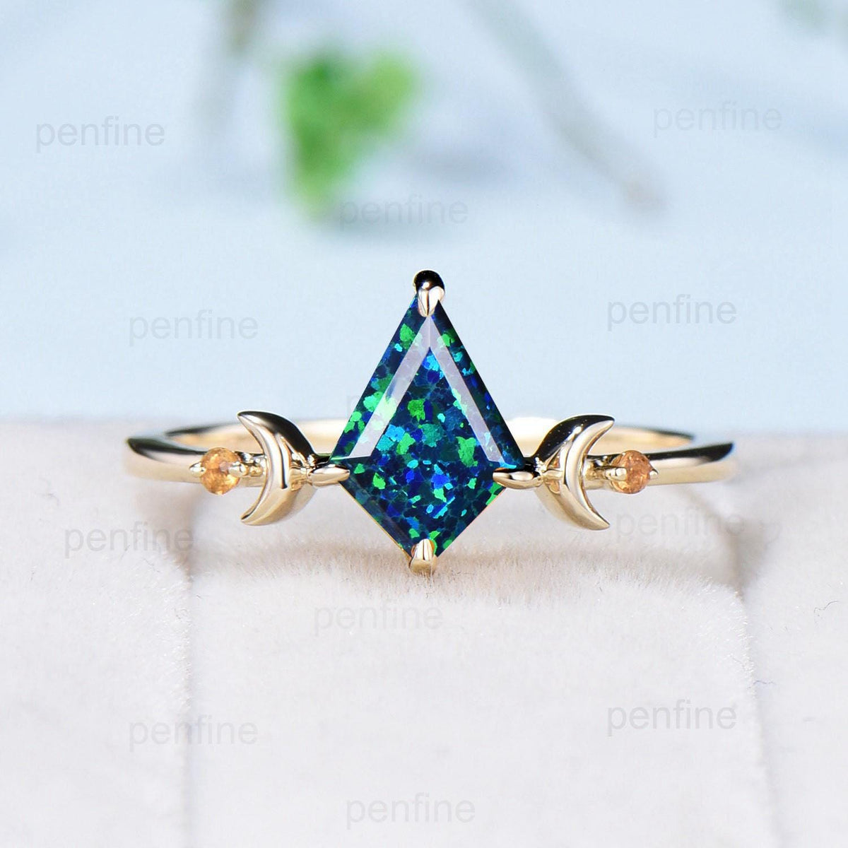 Vintage kite shaped black opal engagement ring set silver yellow gold Unique celestial moon wedding ring for women citrine promise ring band