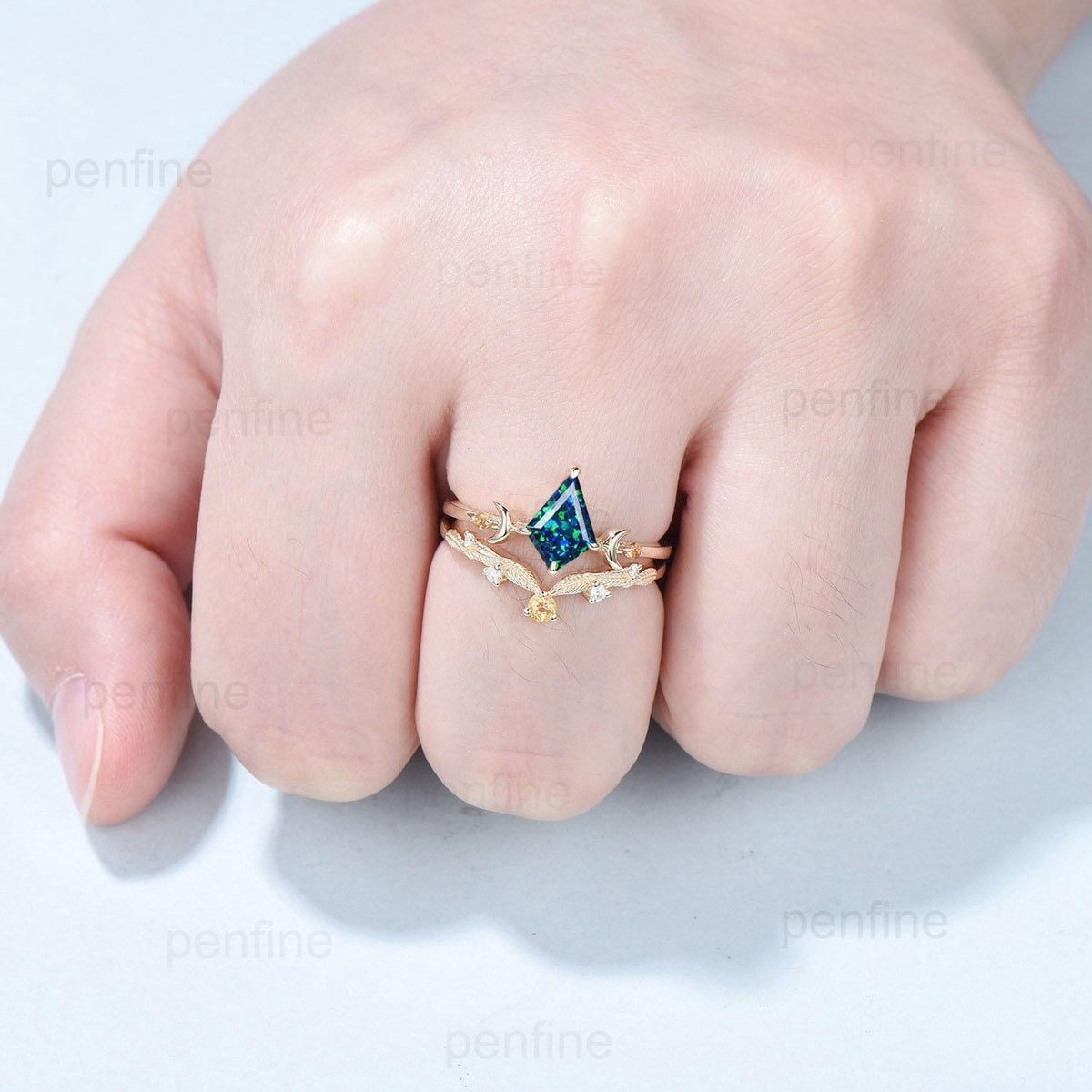 Vintage kite shaped black opal engagement ring set silver yellow gold Unique celestial moon wedding ring for women citrine promise ring band