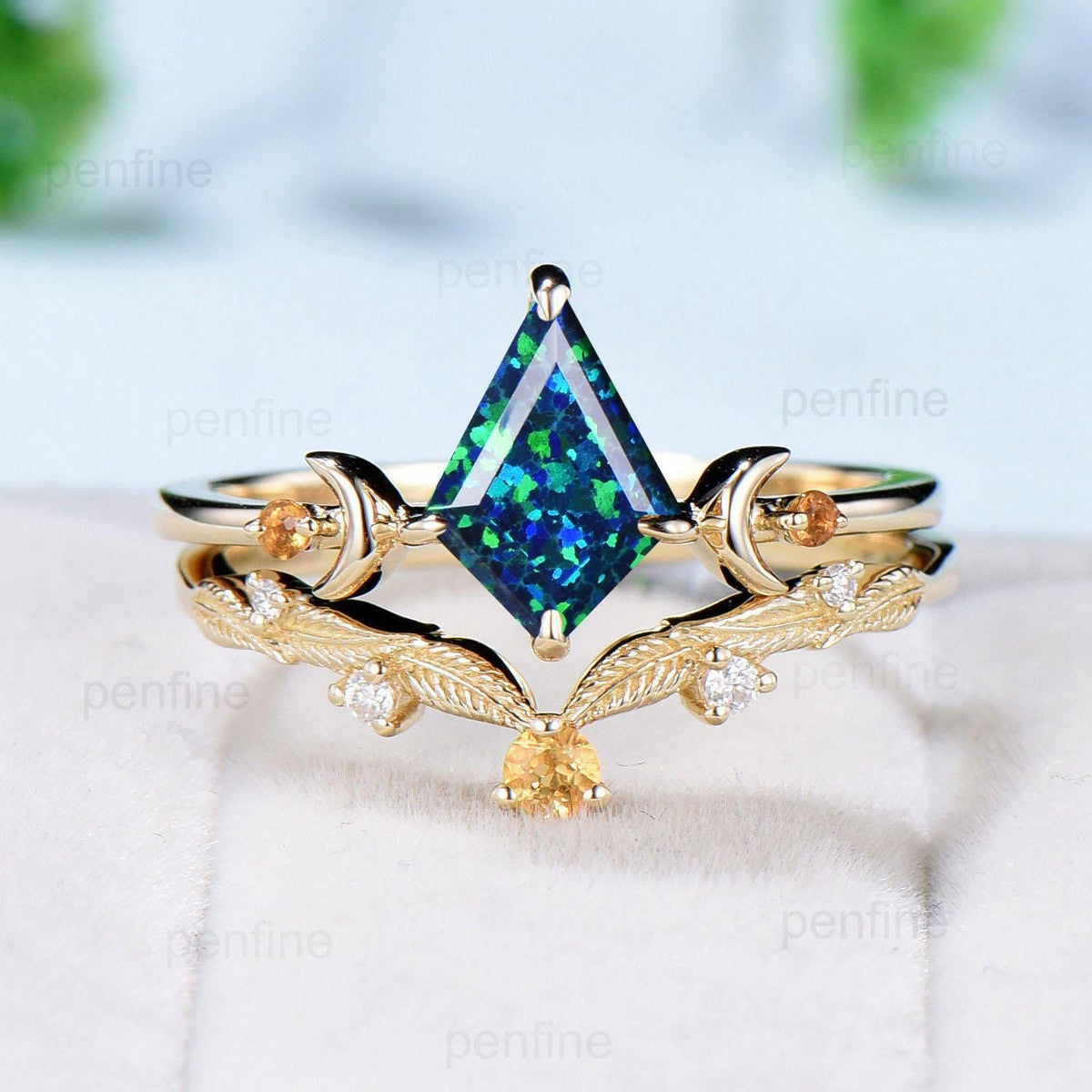 Vintage kite shaped black opal engagement ring set silver yellow gold Unique celestial moon wedding ring for women citrine promise ring band