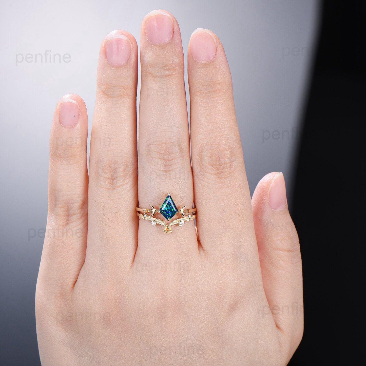Vintage kite shaped black opal engagement ring set silver yellow gold Unique celestial moon wedding ring for women citrine promise ring band