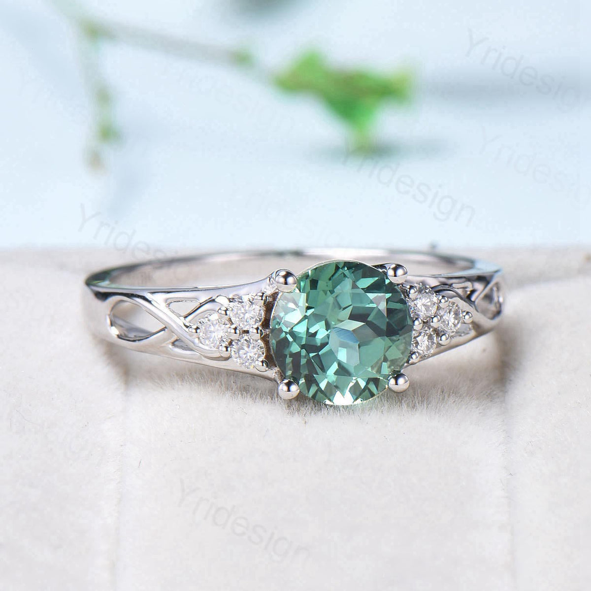 Vintage Green Sapphire Engagement Ring White Gold Solid 10K/14K/18K Gold Unique Cluster Moissanite Diamond Wedding Ring Anniversary gift