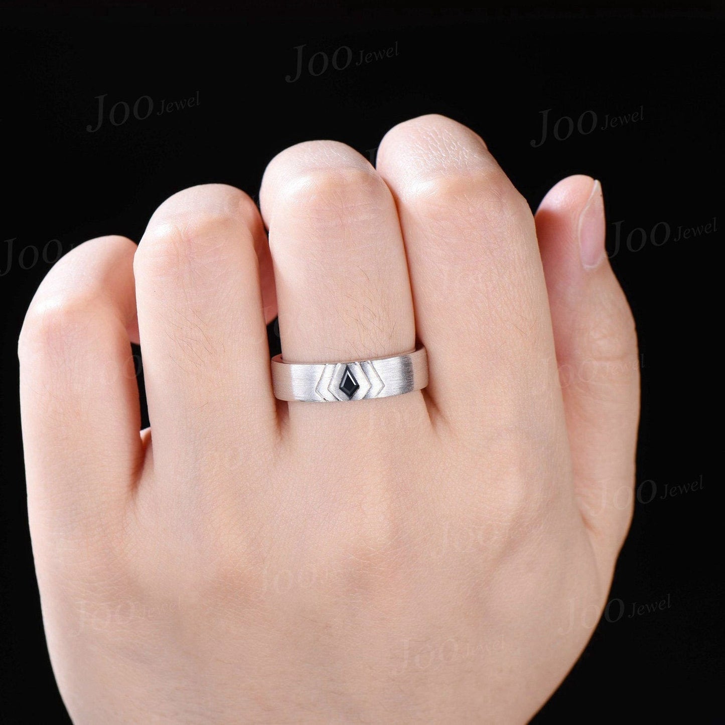 Men's Black Spinel Wedding Band Kite Black Onyx Band 6mm Brushed Finished Band Sterling Silver Gothic Vintage Male Marriage Ring