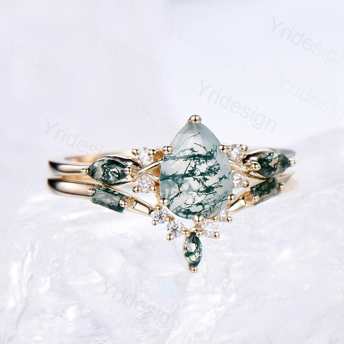 Solid 14K Yellow Gold Pear Shaped Natural Moss Agate Engagement Ring Set Unique Green Agate Agate Vine Art Deco Wedding Ring Set for Women