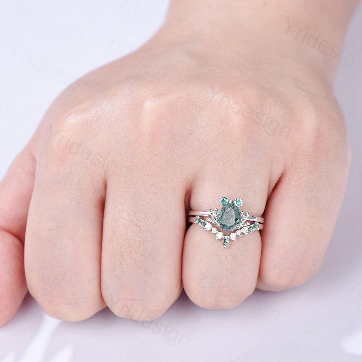 Unique moss agate engagement ring set, Frog animal inspired green agate wedding set, women pear shaped bridal set anniversary ring for girl