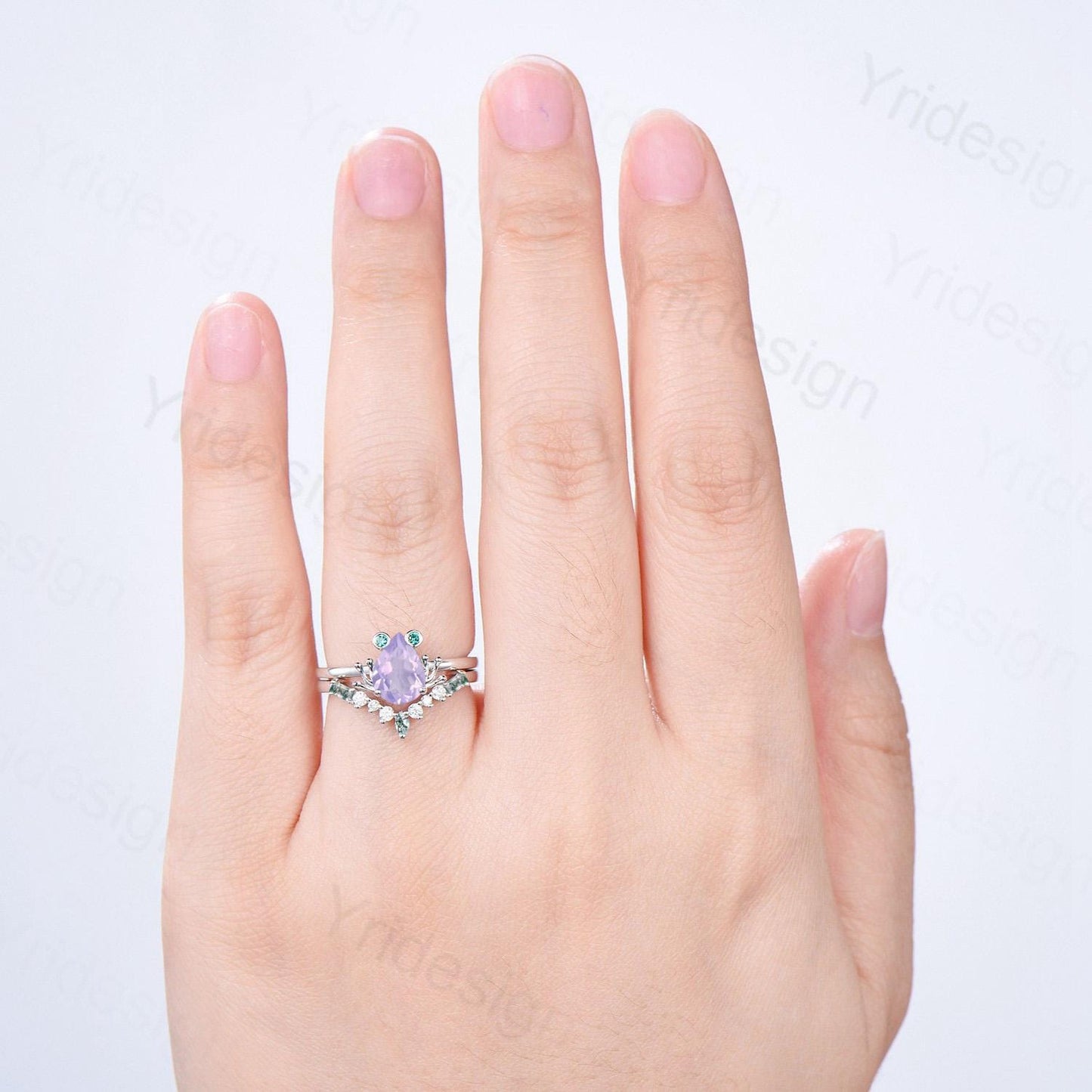 Unique Frog ring, Art Deco Lavender Amethyst engagement ring set,  Animal inspired green moss agate wedding set, Anniversary promise ring