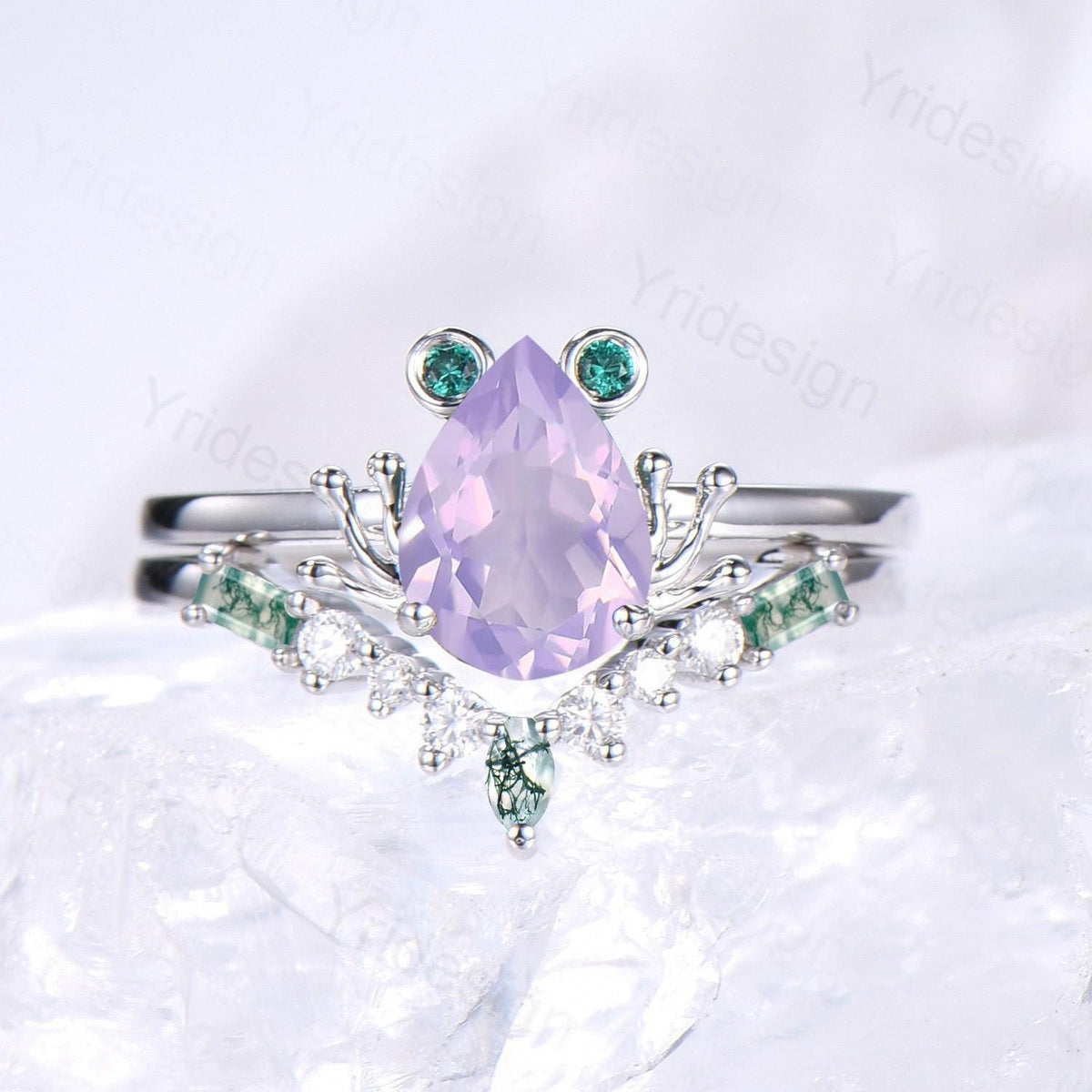 Unique Frog ring, Art Deco Lavender Amethyst engagement ring set,  Animal inspired green moss agate wedding set, Anniversary promise ring