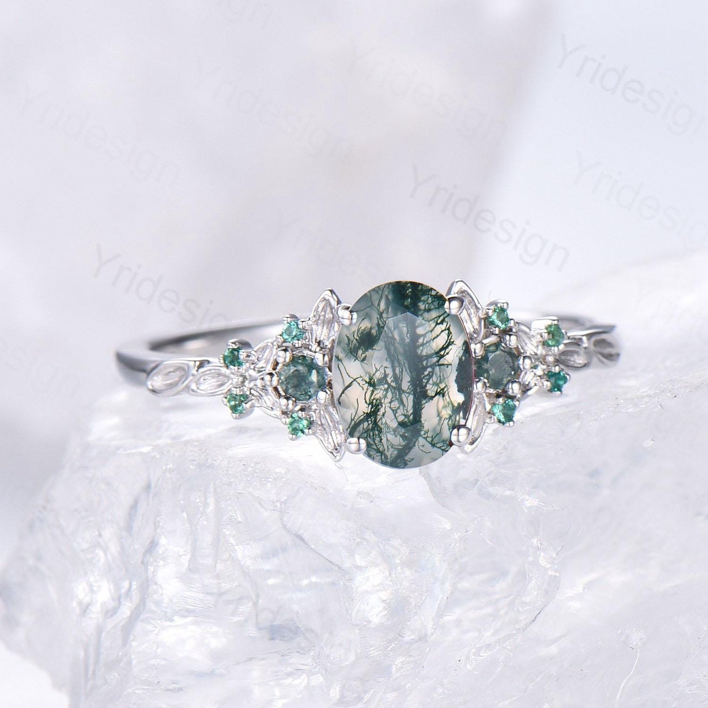 1.5CT Oval Moss Agate Engagement Ring Unique Leaf Green Agate Cluster Emerald Wedding Ring White Gold Bridal Promise Ring Anniversary Gift