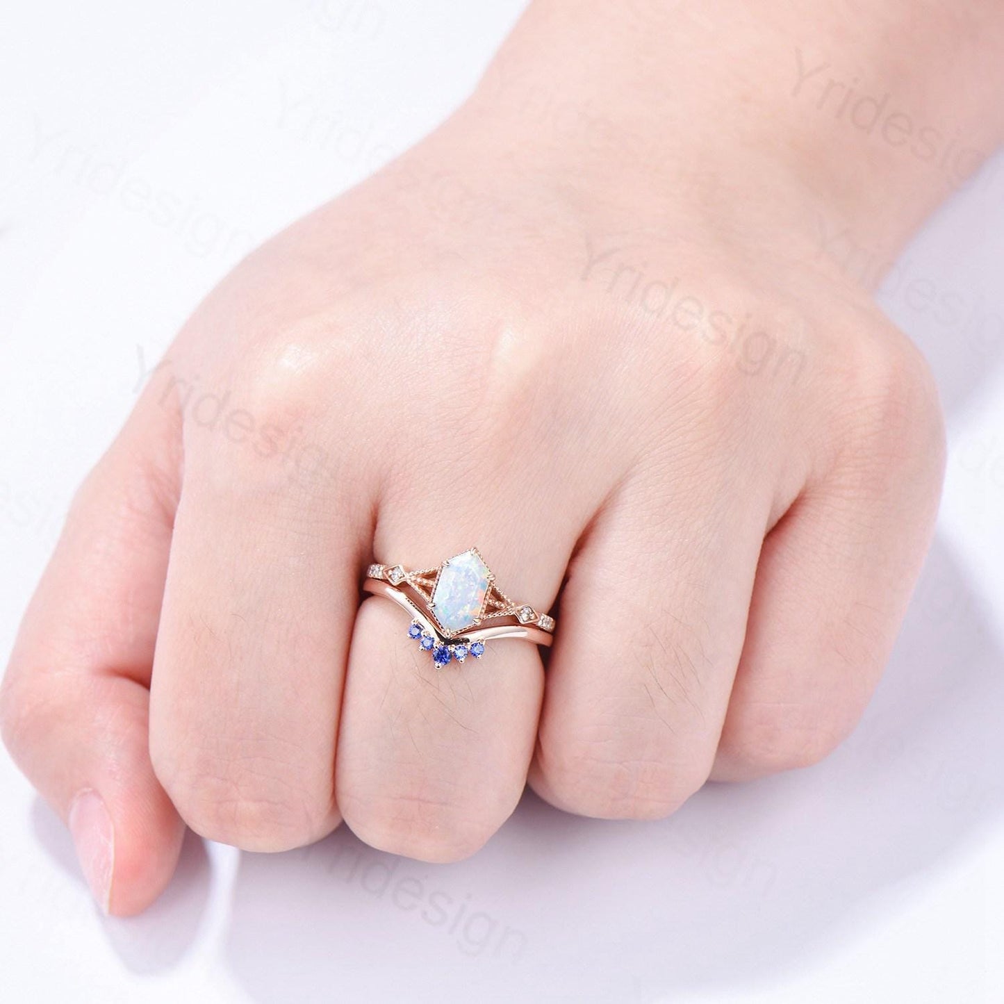 Vintage Long Hexagon White Opal Ring Set, Rose Gold Engagement Ring Set, Art Deco Blue Sapphire Stacking Band, Oval Cut Fire Opal Bridal Set