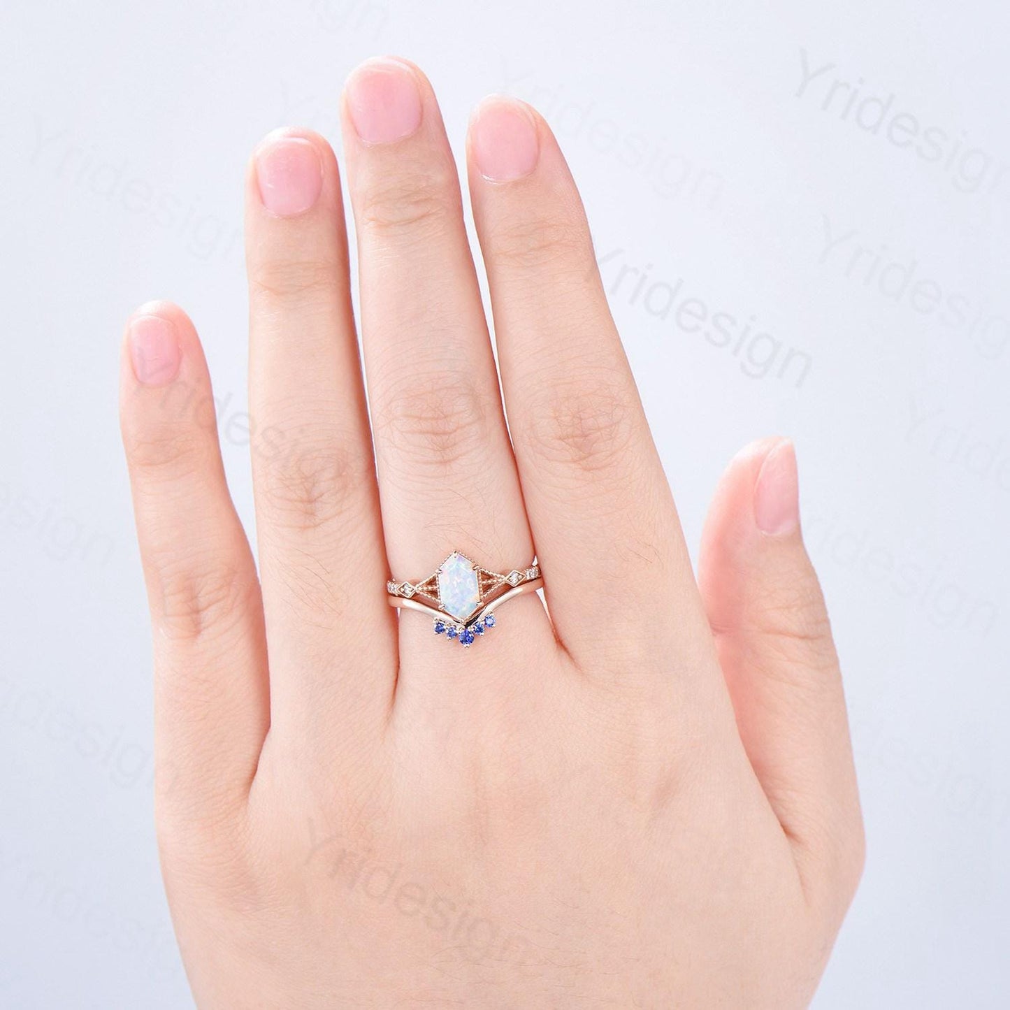 Vintage Long Hexagon White Opal Ring Set, Rose Gold Engagement Ring Set, Art Deco Blue Sapphire Stacking Band, Oval Cut Fire Opal Bridal Set