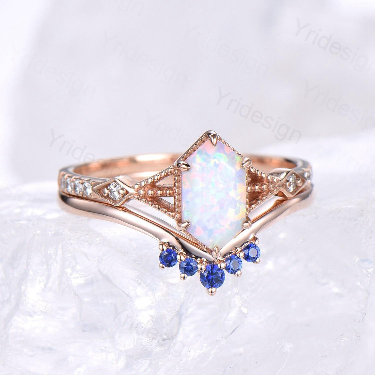 Vintage Long Hexagon White Opal Ring Set, Rose Gold Engagement Ring Set, Art Deco Blue Sapphire Stacking Band, Oval Cut Fire Opal Bridal Set