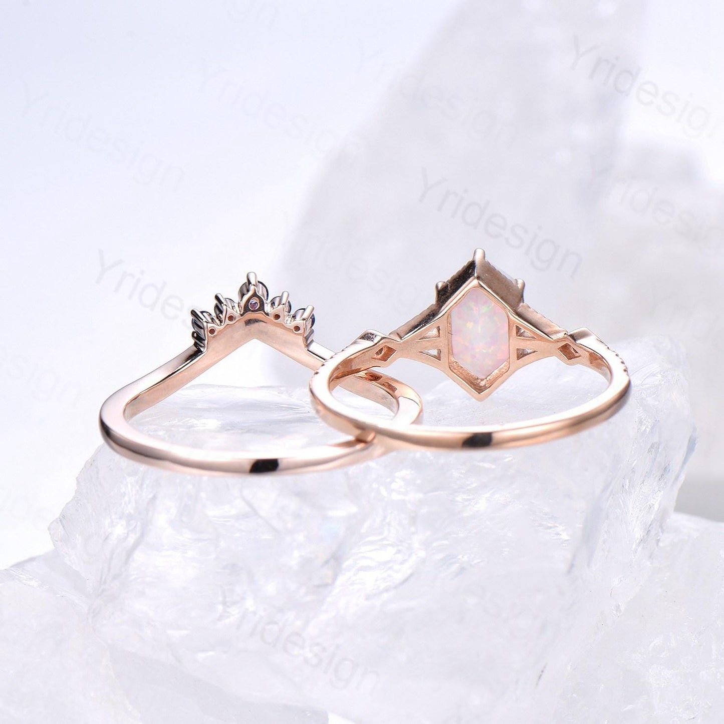 Vintage Long Hexagon White Opal Ring Set, Rose Gold Engagement Ring Set, Art Deco Blue Sapphire Stacking Band, Oval Cut Fire Opal Bridal Set