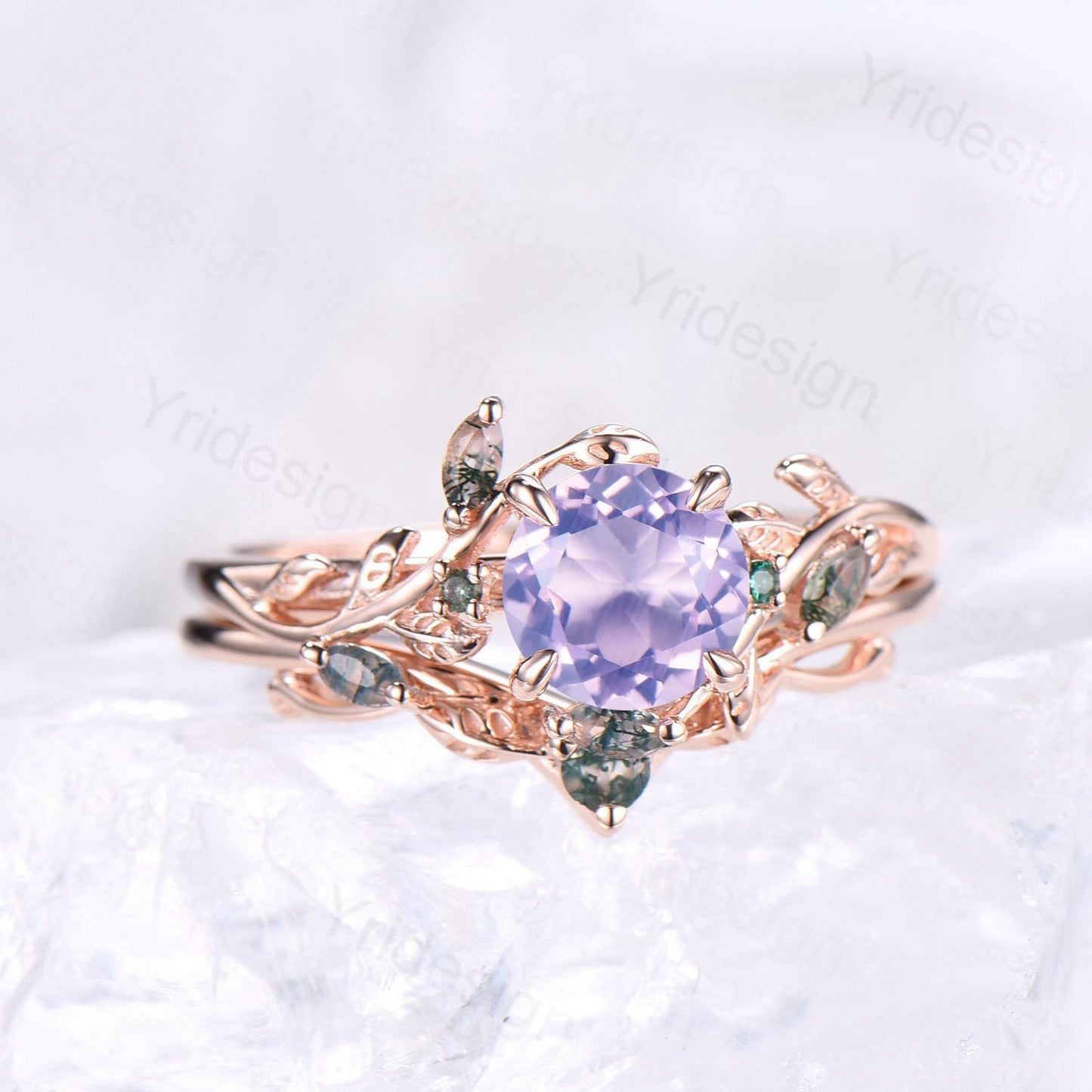 Elegant Natural Lavender Amethyst Engagement Ring Set Unique Nature Inspired Green Moss Agate Wedding Ring Set Rose Gold Stacking Band Women