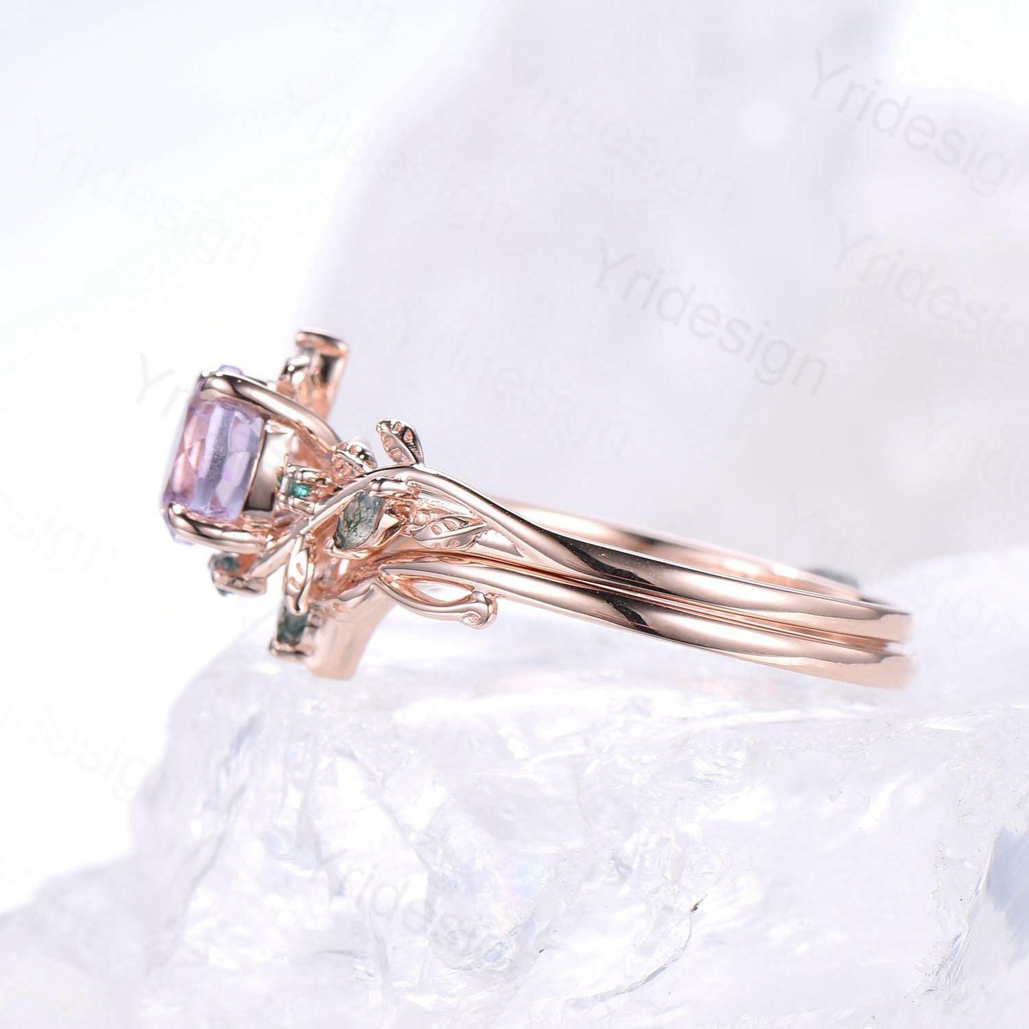 Elegant Natural Lavender Amethyst Engagement Ring Set Unique Nature Inspired Green Moss Agate Wedding Ring Set Rose Gold Stacking Band Women