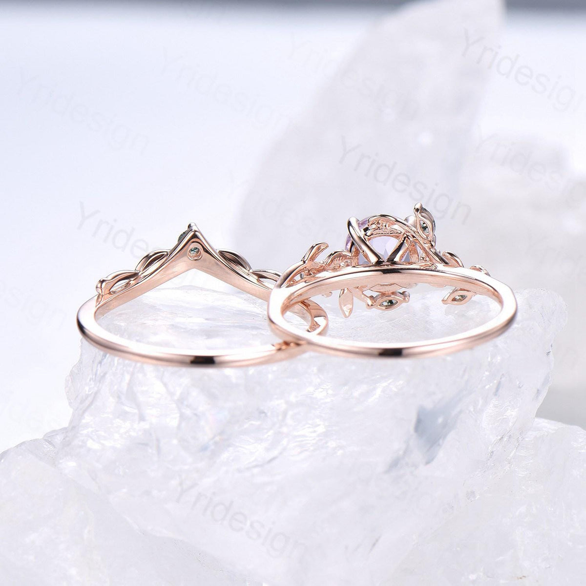 Elegant Natural Lavender Amethyst Engagement Ring Set Unique Nature Inspired Green Moss Agate Wedding Ring Set Rose Gold Stacking Band Women