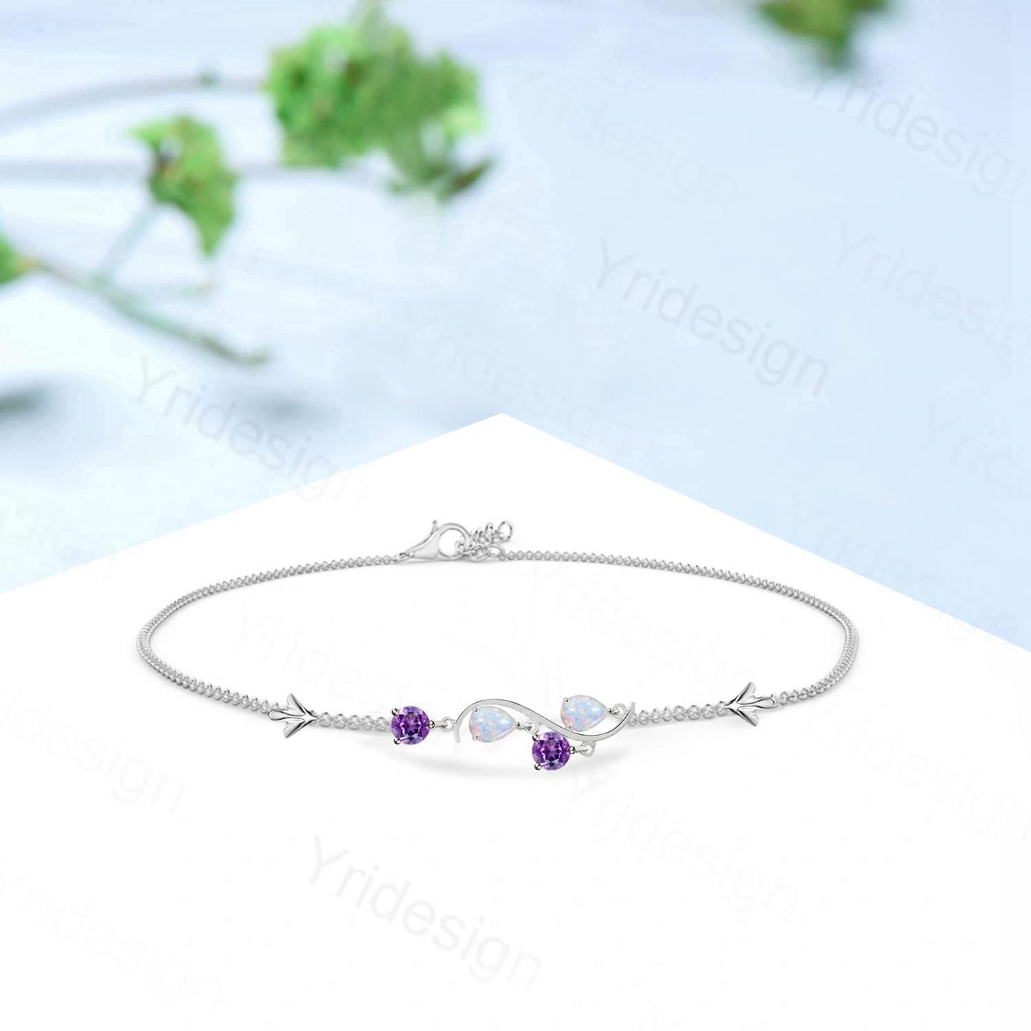 Minimalist Pear Shaped White Opal Bracelet Elegant Fire Opal Amethyst Lobster Claw Bracelet Silver Rose Gold Art Deco Anniversary Gift
