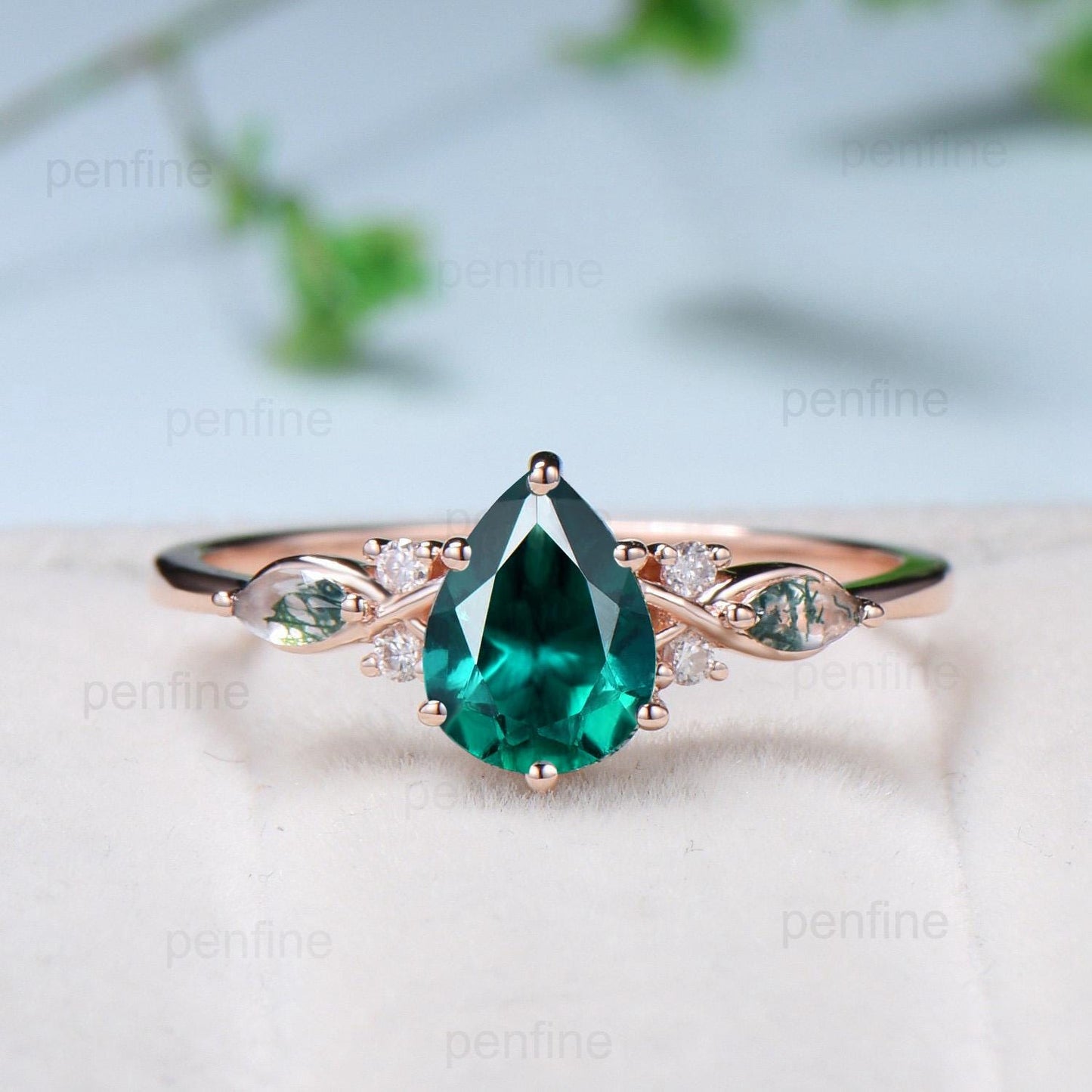 Vintage Pear Shaped Emerald Engagement Ring Set Unique 14k Rose Gold Vine Marquise Baguette Moss Agate Wedding Ring Set Ring Promise Gift