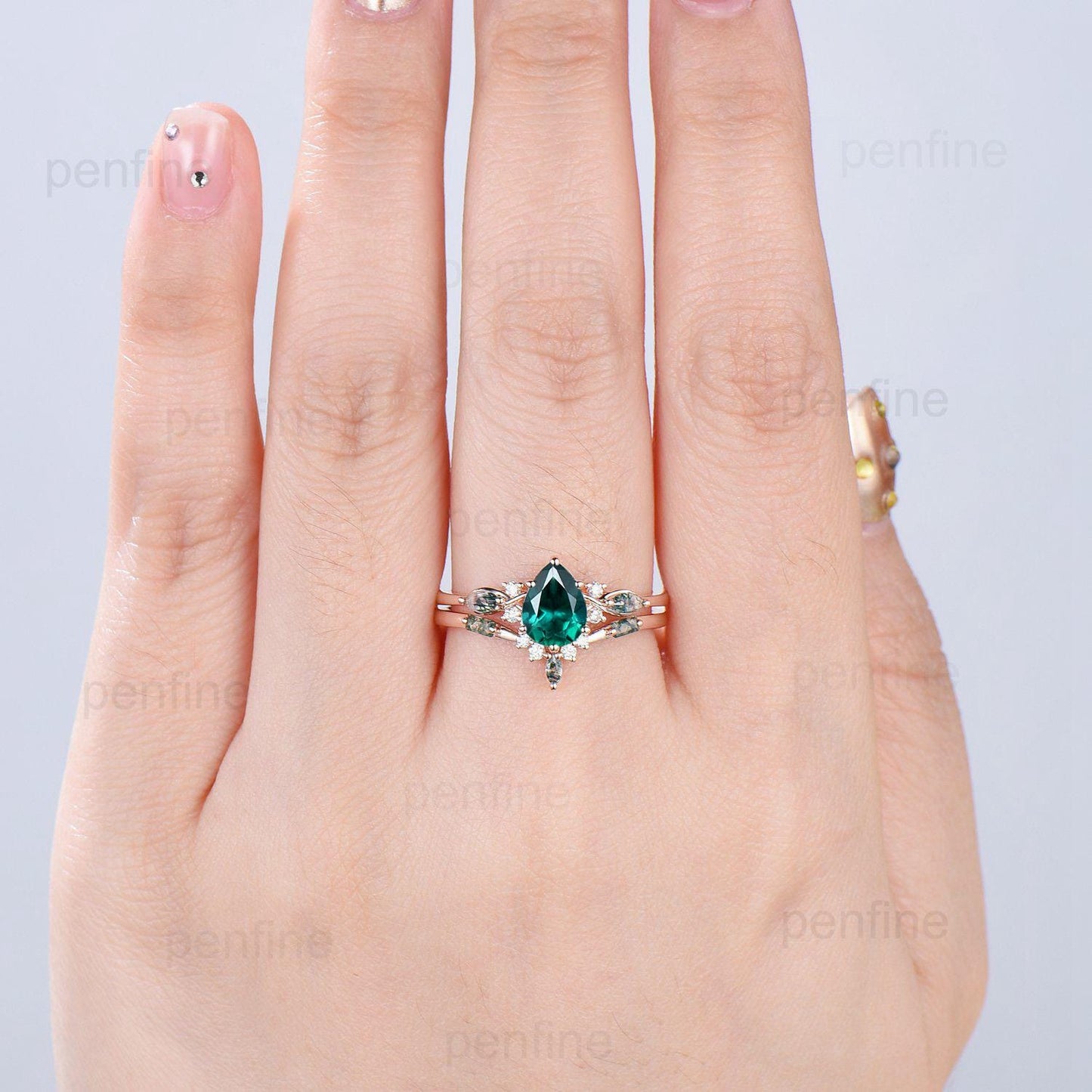 Vintage Pear Shaped Emerald Engagement Ring Set Unique 14k Rose Gold Vine Marquise Baguette Moss Agate Wedding Ring Set Ring Promise Gift