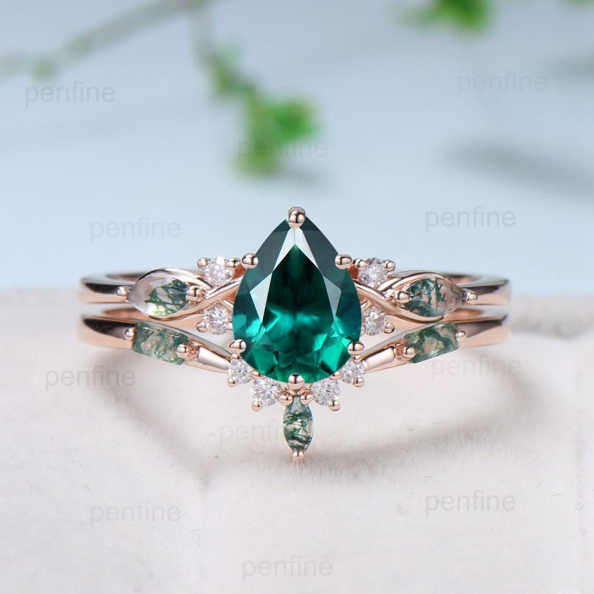 Vintage Pear Shaped Emerald Engagement Ring Set Unique 14k Rose Gold Vine Marquise Baguette Moss Agate Wedding Ring Set Ring Promise Gift